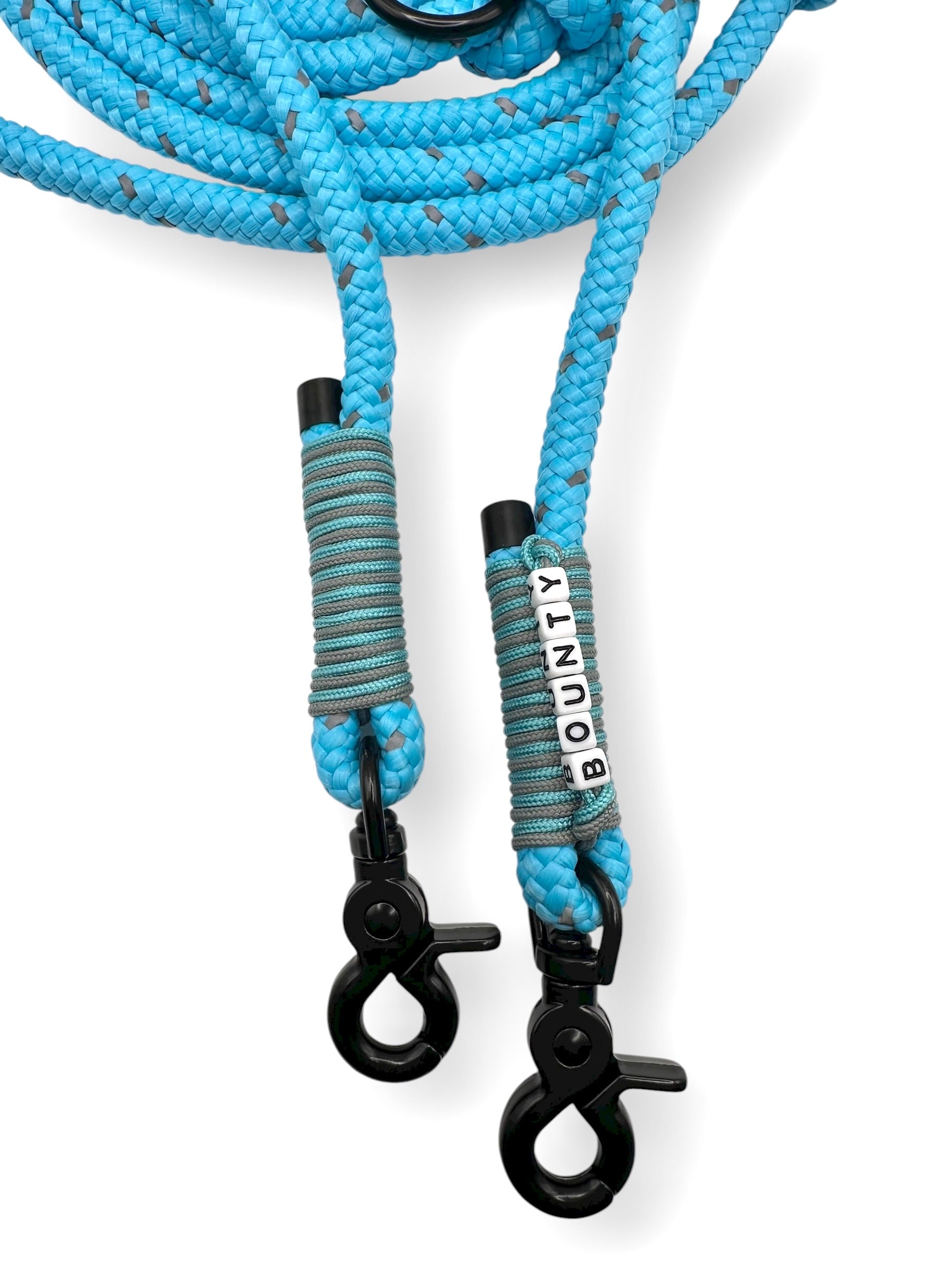 Hundeleine 10mm stark aus Tau mit reflektierenden Details in Türkis. Perfekt für den Herbst und Winter geeignete. Nahaufnahme Umwickelung 