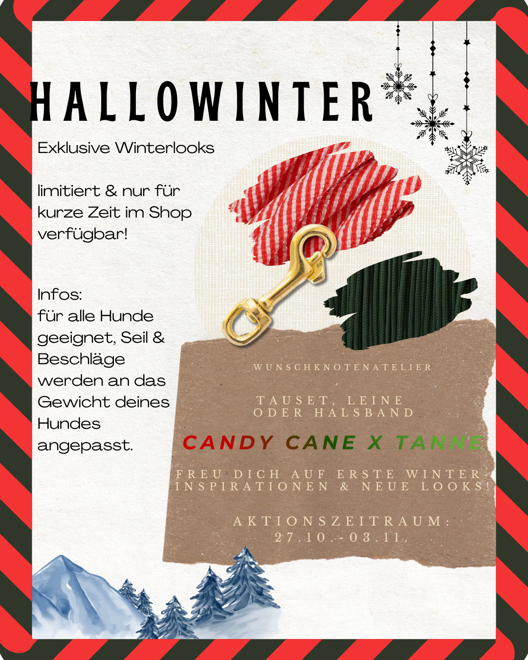 Hundeleine Candy Cane x Tanne. Weihnachtsgeschenk für deinen Vierbeiner. Leine, Halsband oder gleich das ganze Set erhältlich.