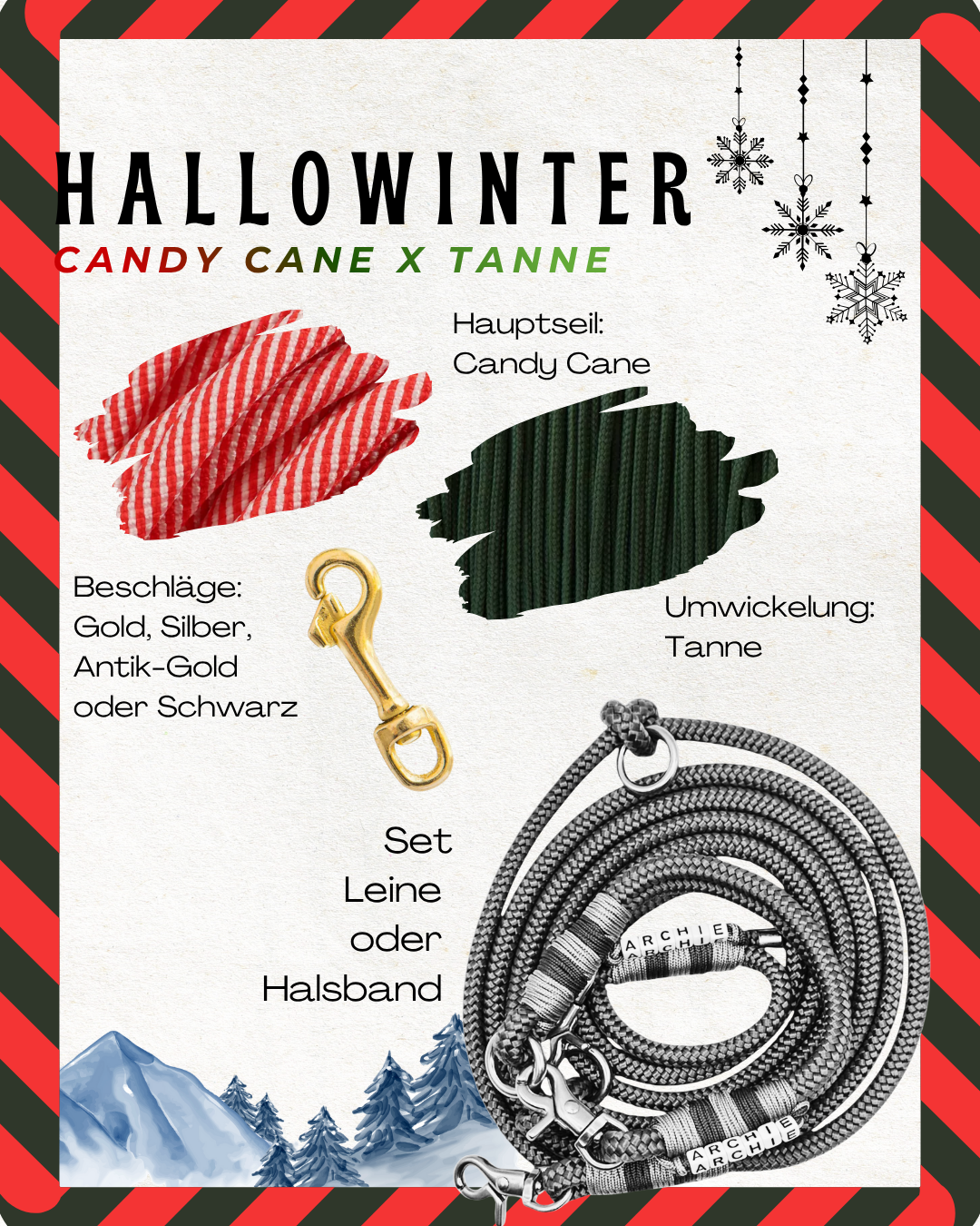 Hundeleine Candy Cane x Tanne. Weihnachtsgeschenk für deinen Vierbeiner. Leine, Halsband oder gleich das ganze Set erhältlich.