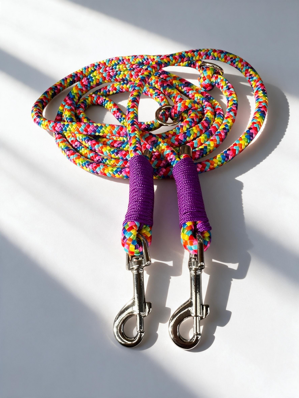 Tauleine aus rainbow Seil. Hundeleine in bunten Farben mit acid lila Umwicklung. Beschläge in der Farbe silber. Individuell anpassbar und handgefertigt.