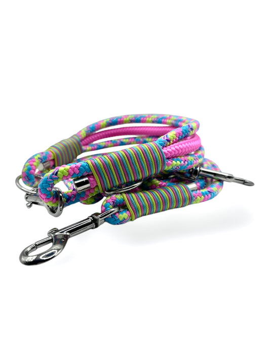 Hunde set bestehend aus Tauhalsband und Tauleine in knalligen Neon Farben. lime, Rosa und Blau. Geeignet für mittlere und große Hunde. Hundeset Bubbel gum