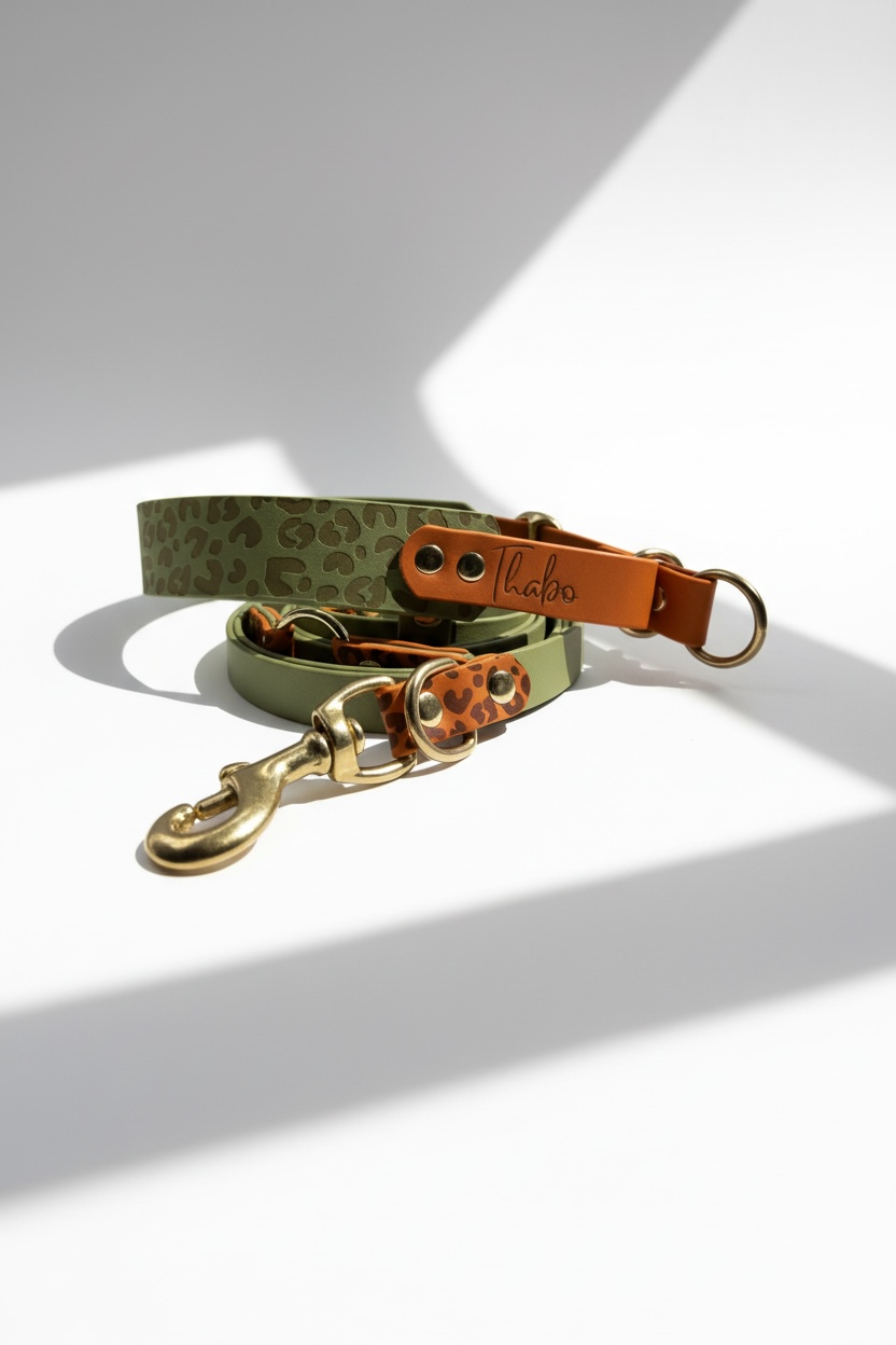 Hundeset aus BioThane mit leoprint und namesgravur in den Farben grün und orange. Beschläge aus messing in Gold. Personalisierbar und anpassbar für jeden Hund 