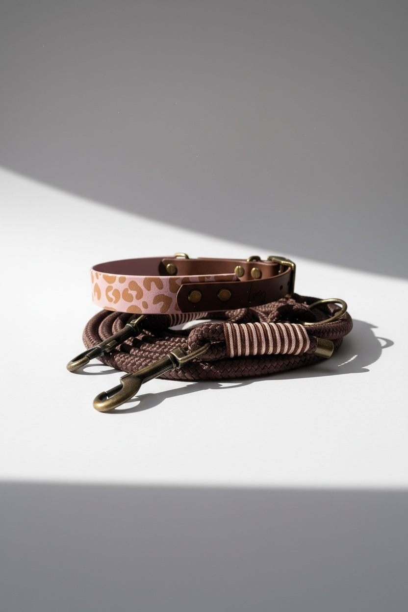Hundeset leopard in Rosa und braun aus Tau und BioThane 