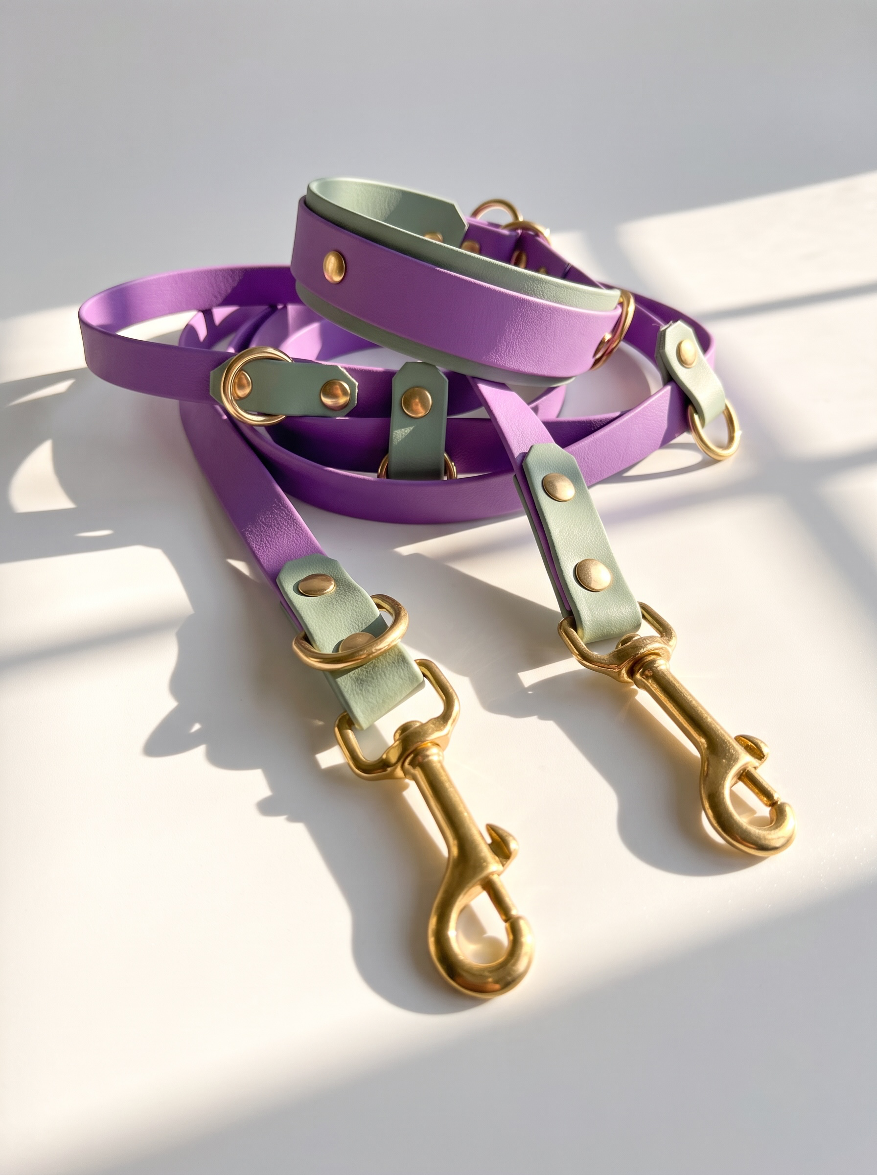 Hundehalsband und Hundeleine aus BioThane in den Farben Lila und grün. Handgefertigt und individuell anpassbar für alle Hunde. Beschläge aus Messing in gold