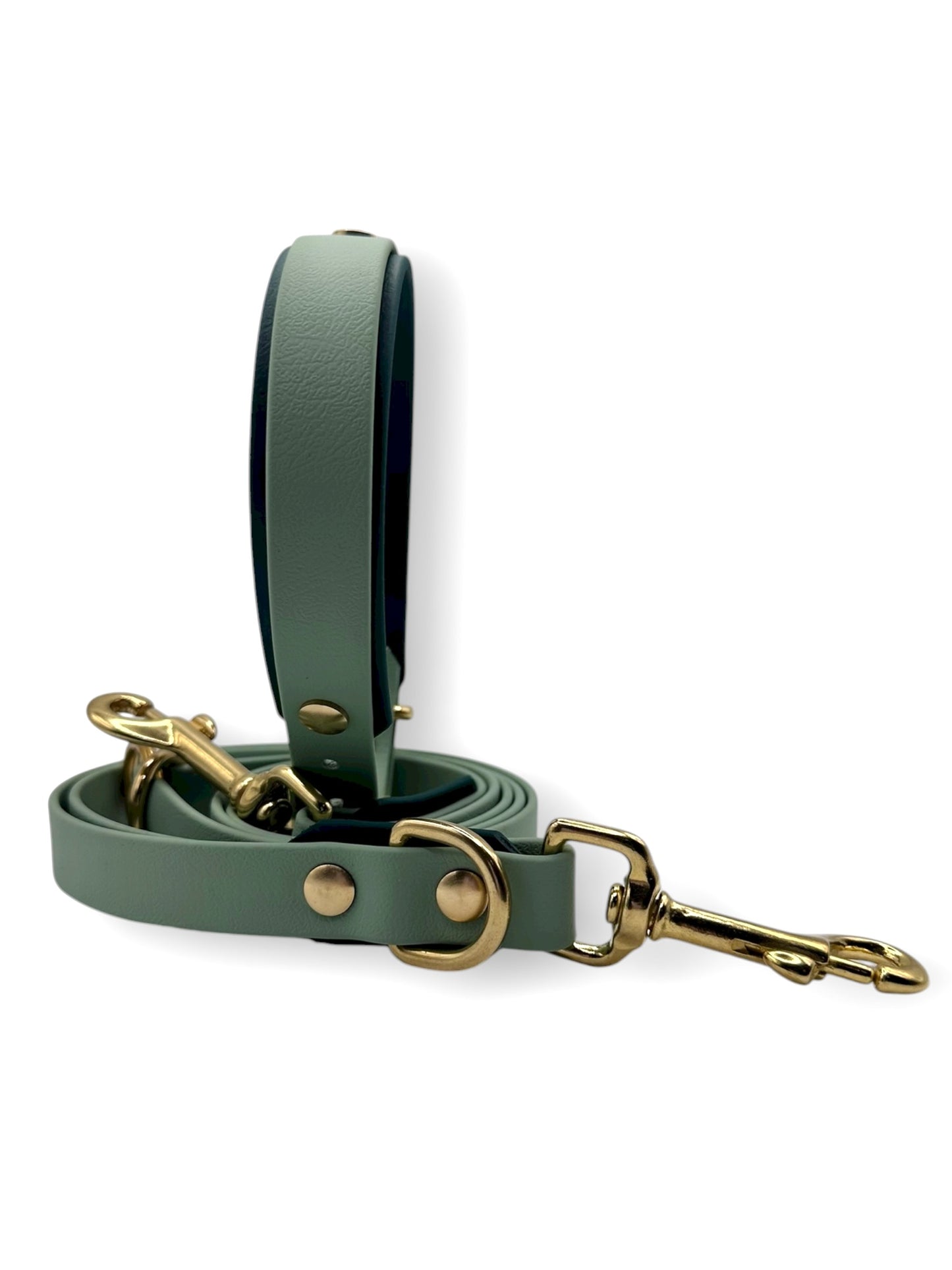 Hundeset aus BioThane Leine und Halsband in dunkel und hellgrün. Anpassbare Länge, Breite und Beschläge