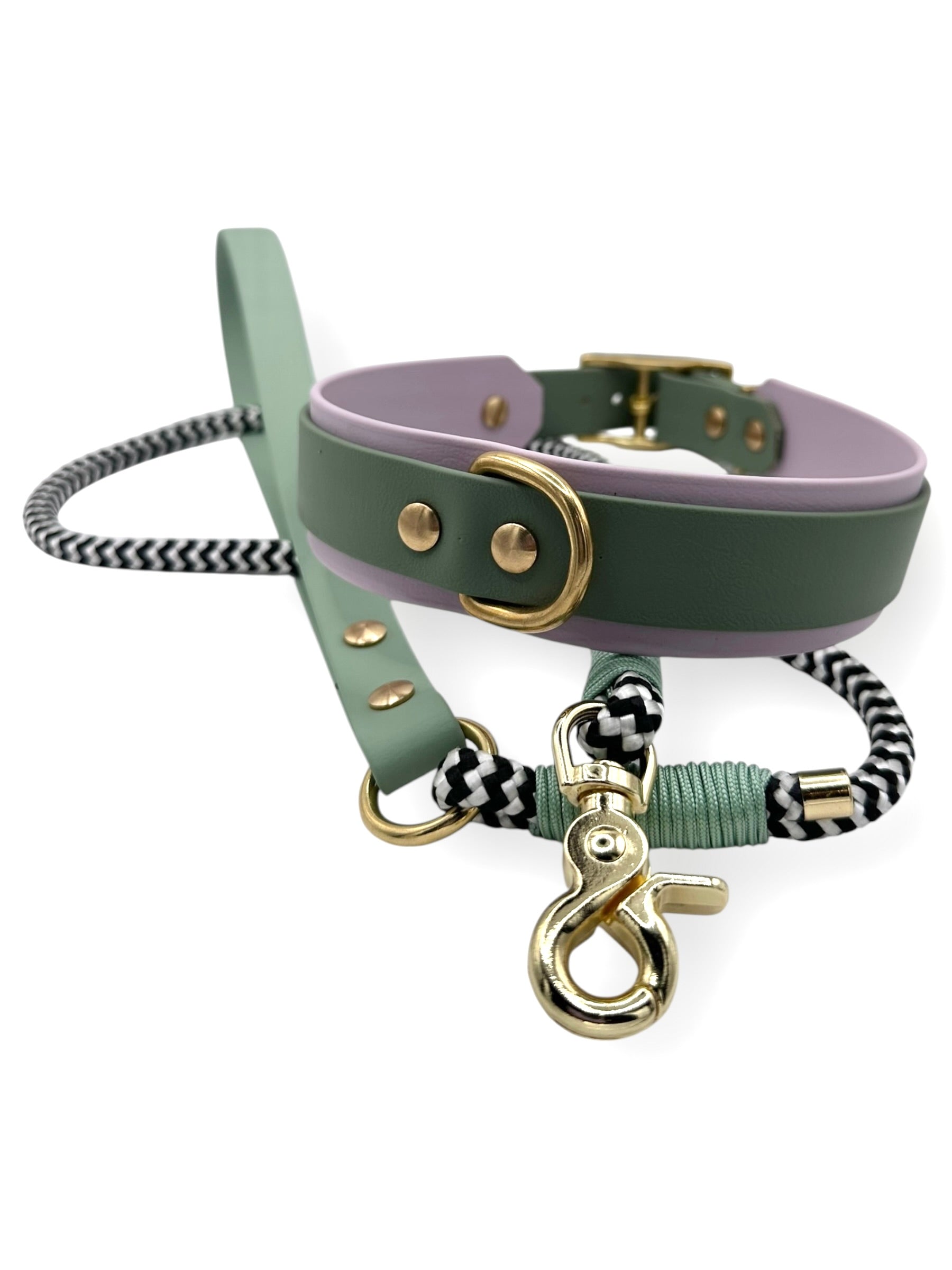 Hundeset aus BioThane und Tau in lila und foggy grün und schwarzen und weißen Details Draufischt