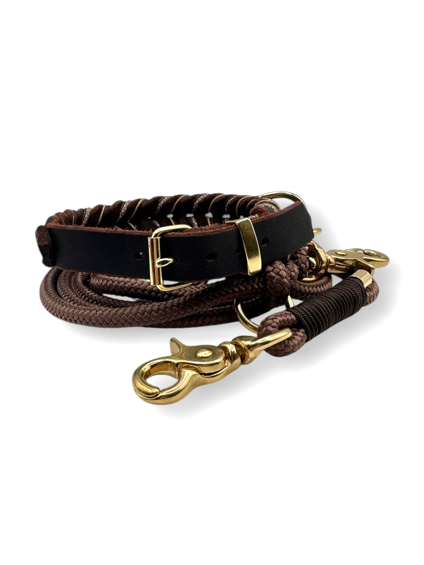 Hundeset bestehend aus Lederhalsband und Tauleine in braun mit beigen und goldenen Details. Anpassbar in Länge und Breite. 