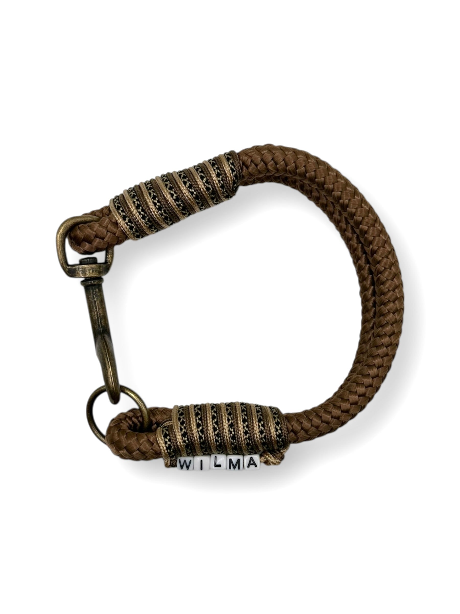 Hundeset in der Farbe Sepia braun bestehend aus tauleine und tauhalsband. Konfigurierbar in Farbe, Länge und Breite. Mit herbstlichen antik goldenen Details. Halsband oben 