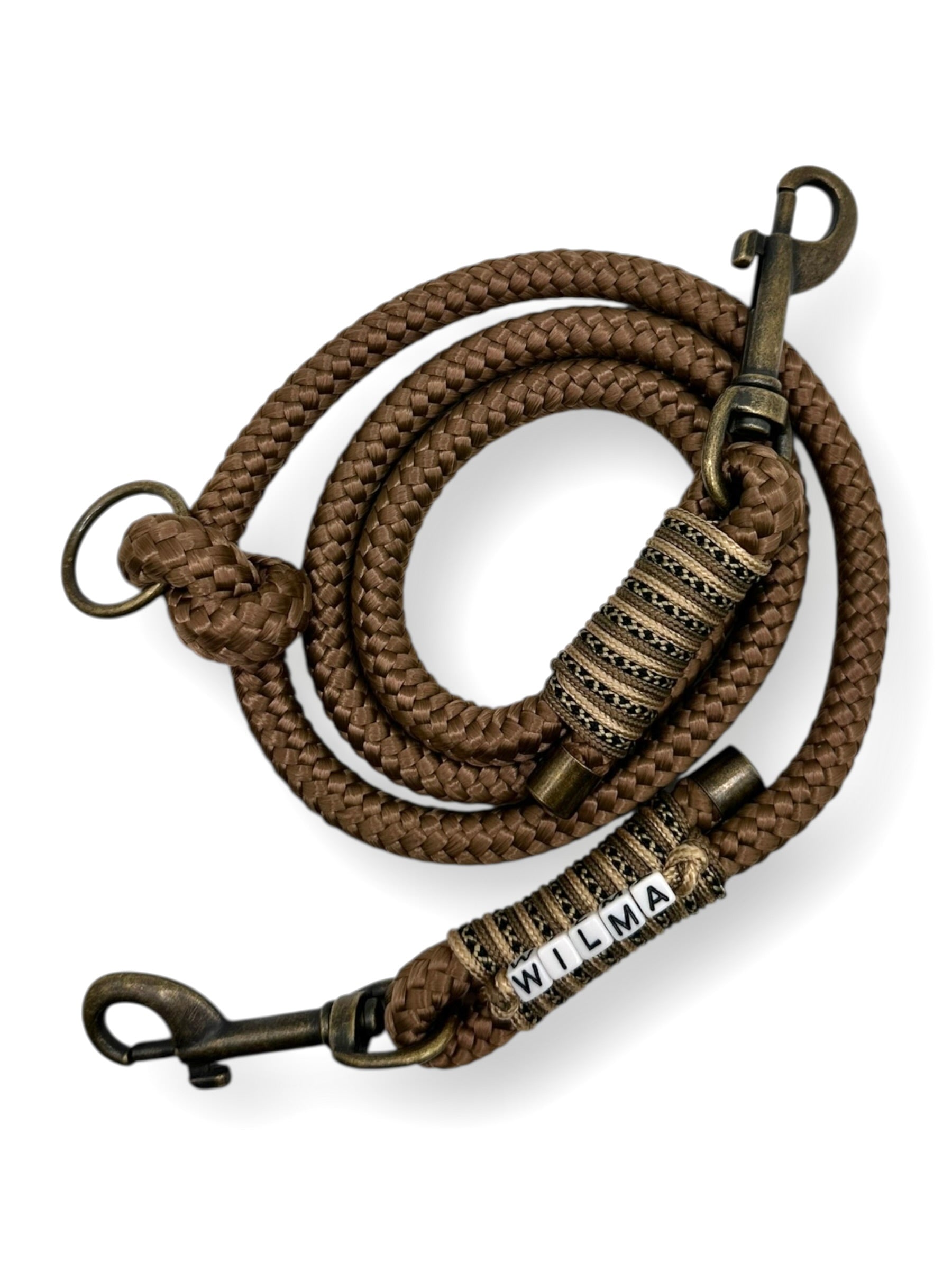 Hundeset in der Farbe Sepia braun bestehend aus tauleine und tauhalsband. Konfigurierbar in Farbe, Länge und Breite. Mit herbstlichen antik goldenen Details. Leine 