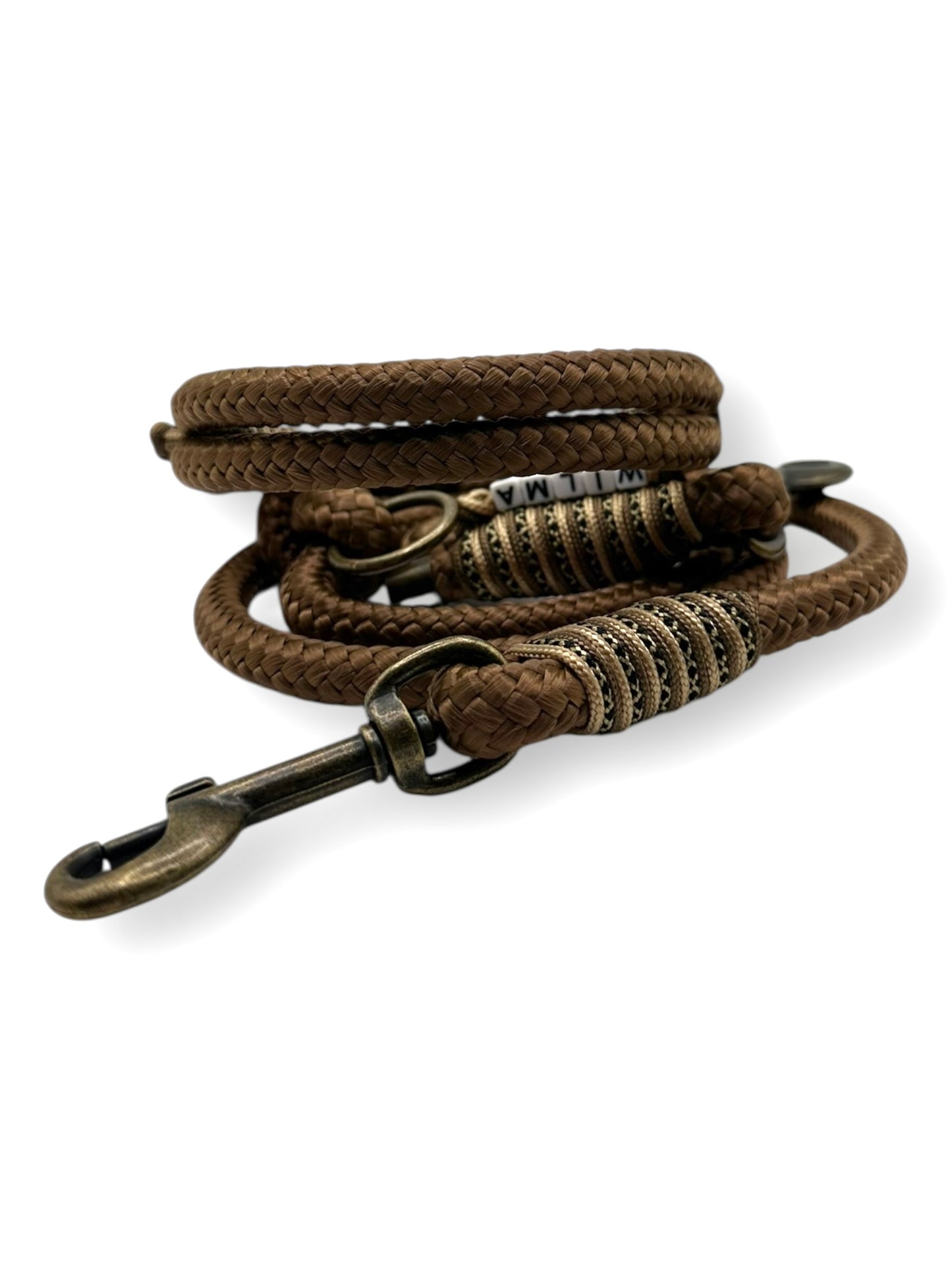 Hundeset in der Farbe Sepia braun bestehend aus tauleine und tauhalsband. Konfigurierbar in Farbe, Länge und Breite. Mit herbstlichen antik goldenen Details. Rückansicht