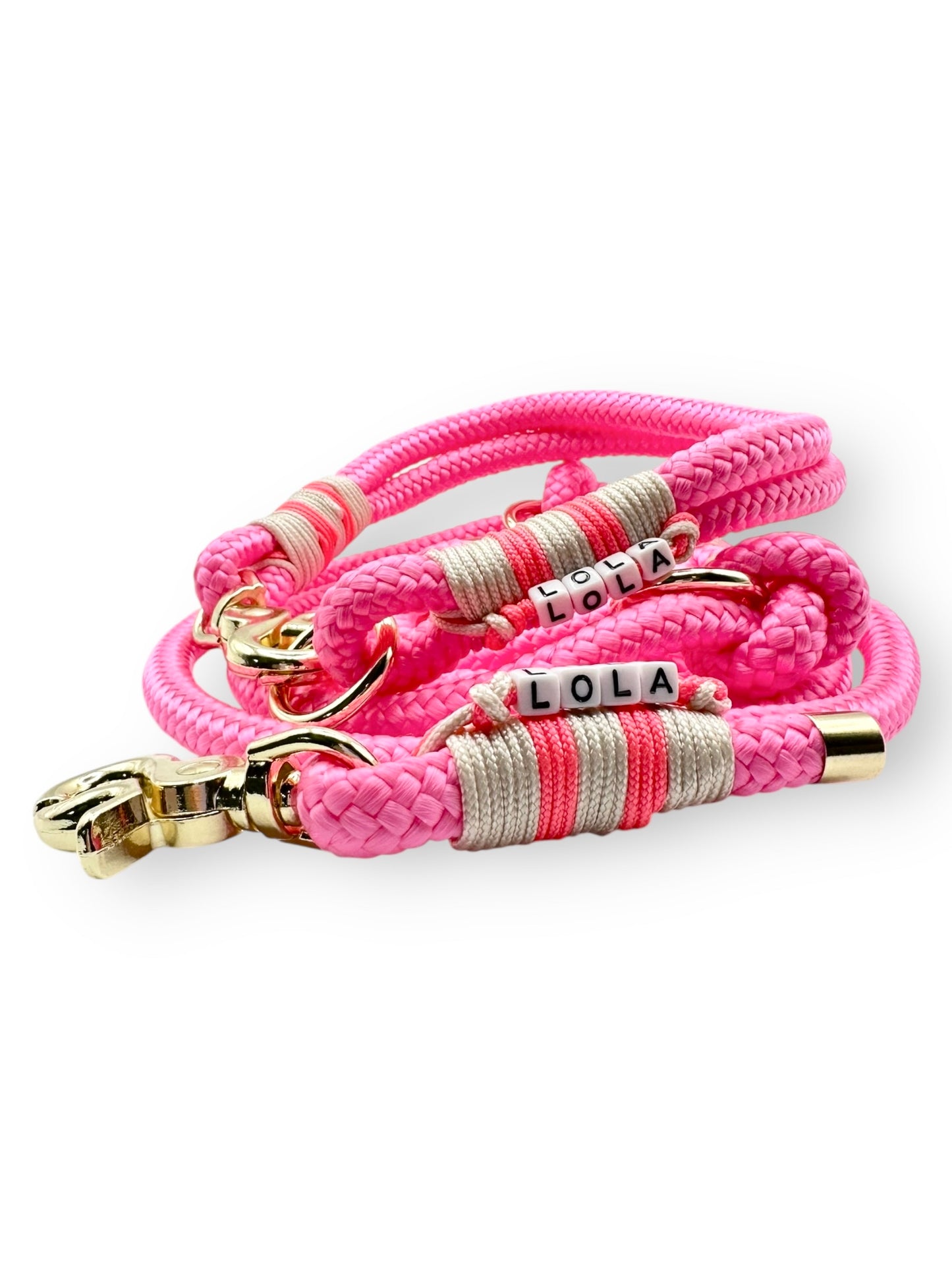 Hundehalsband und Hundeleine aus Neon rosa und cream mit goldenen Details