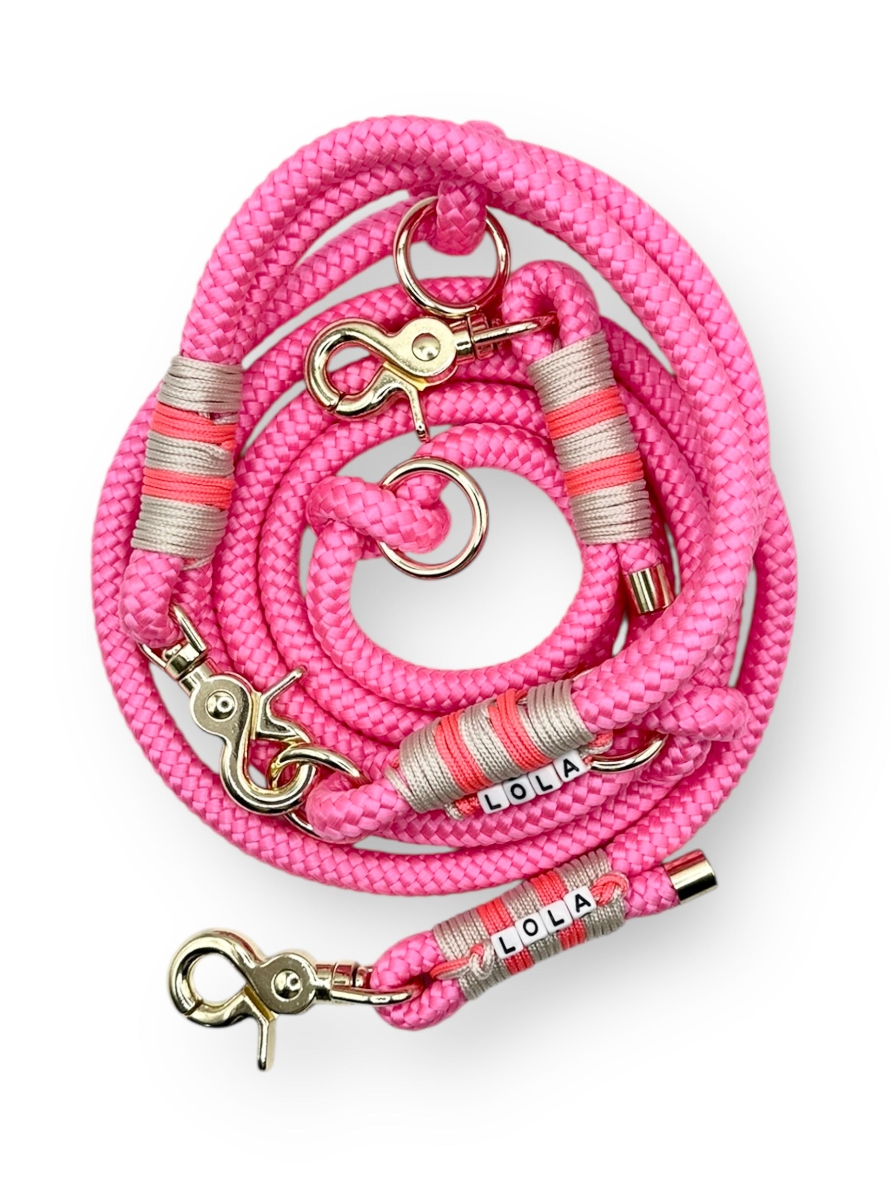 Hundehalsband und Hundeleine aus Neon rosa und cream mit goldenen Details