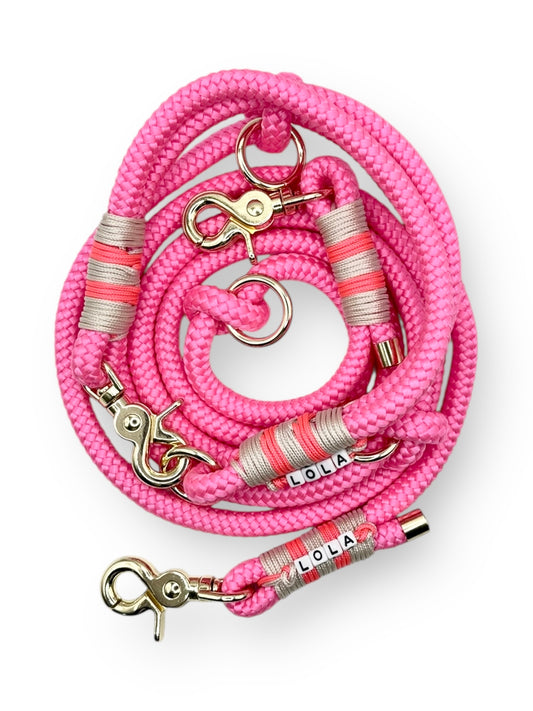 Hundehalsband und Hundeleine aus Neon rosa und cream mit goldenen Details