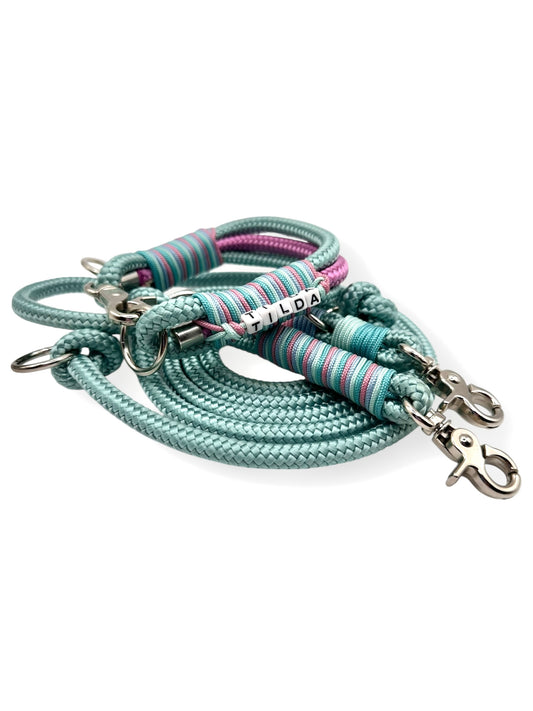 Hundeset aus Leine und Halsband in 8mm starken Tau in den Farben sea grün, Lavendel rosa, turquoise, ice blau und mint blau - Set
