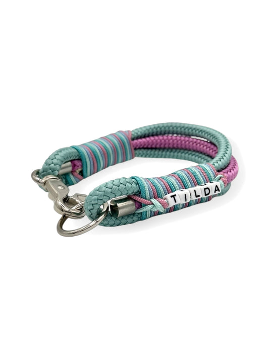 Hundeset aus Leine und Halsband in 8mm starken Tau in den Farben sea grün, Lavendel rosa, turquoise, ice blau und mint blau - Halsband seite