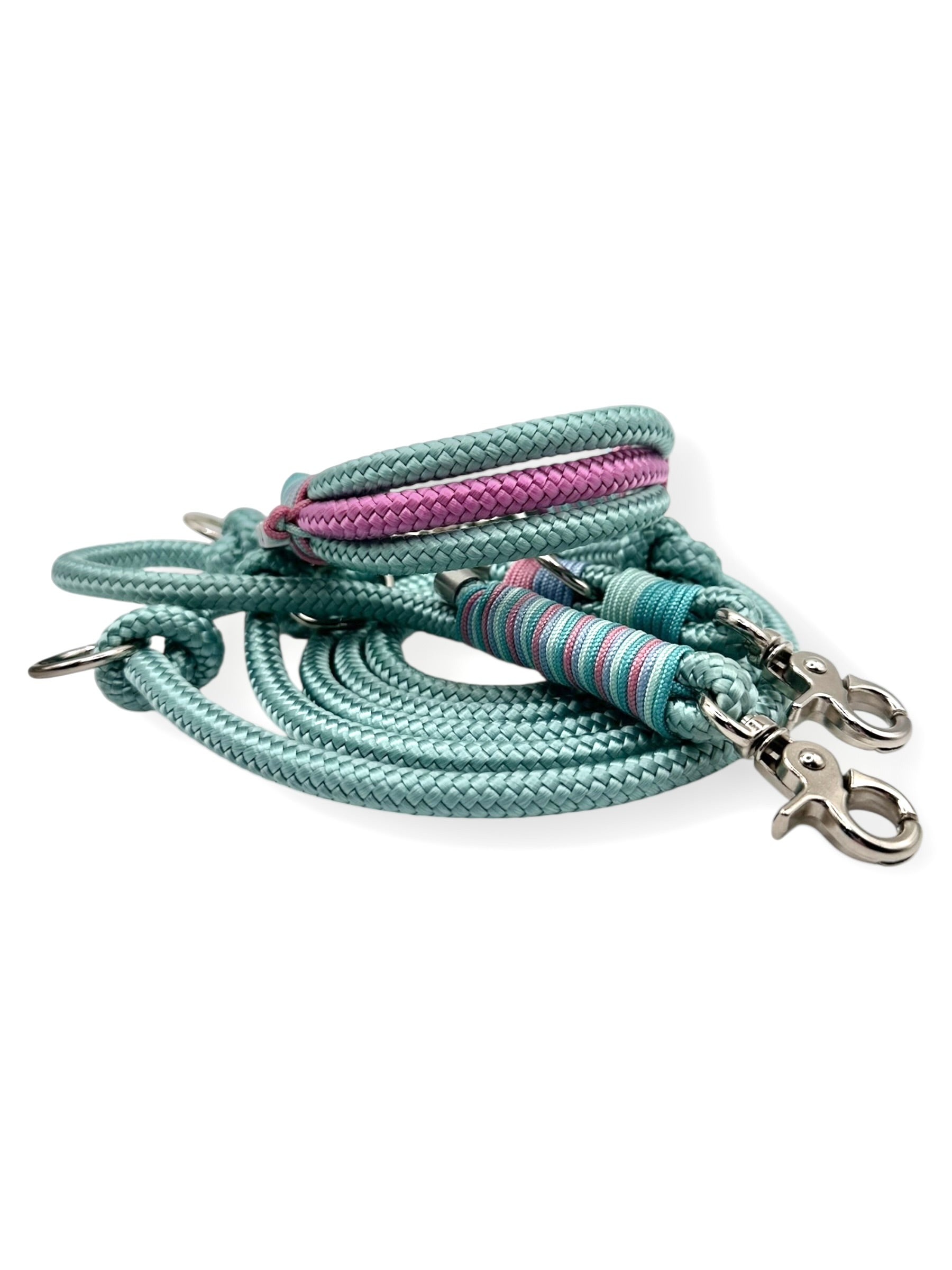 Hundeset aus Leine und Halsband in 8mm starken Tau in den Farben sea grün, Lavendel rosa, turquoise, ice blau und mint blau - Set hinten 
