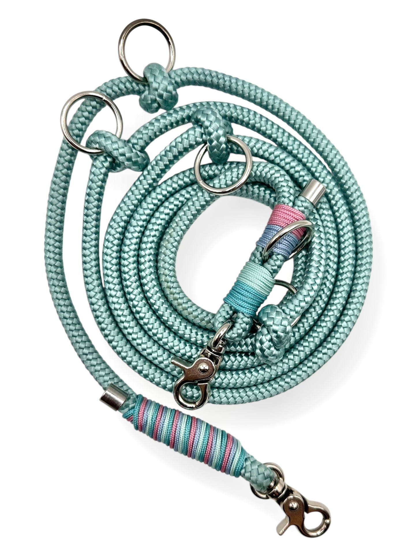 Hundeset aus Leine und Halsband in 8mm starken Tau in den Farben sea grün, Lavendel rosa, turquoise, ice blau und mint blau - Leine oben