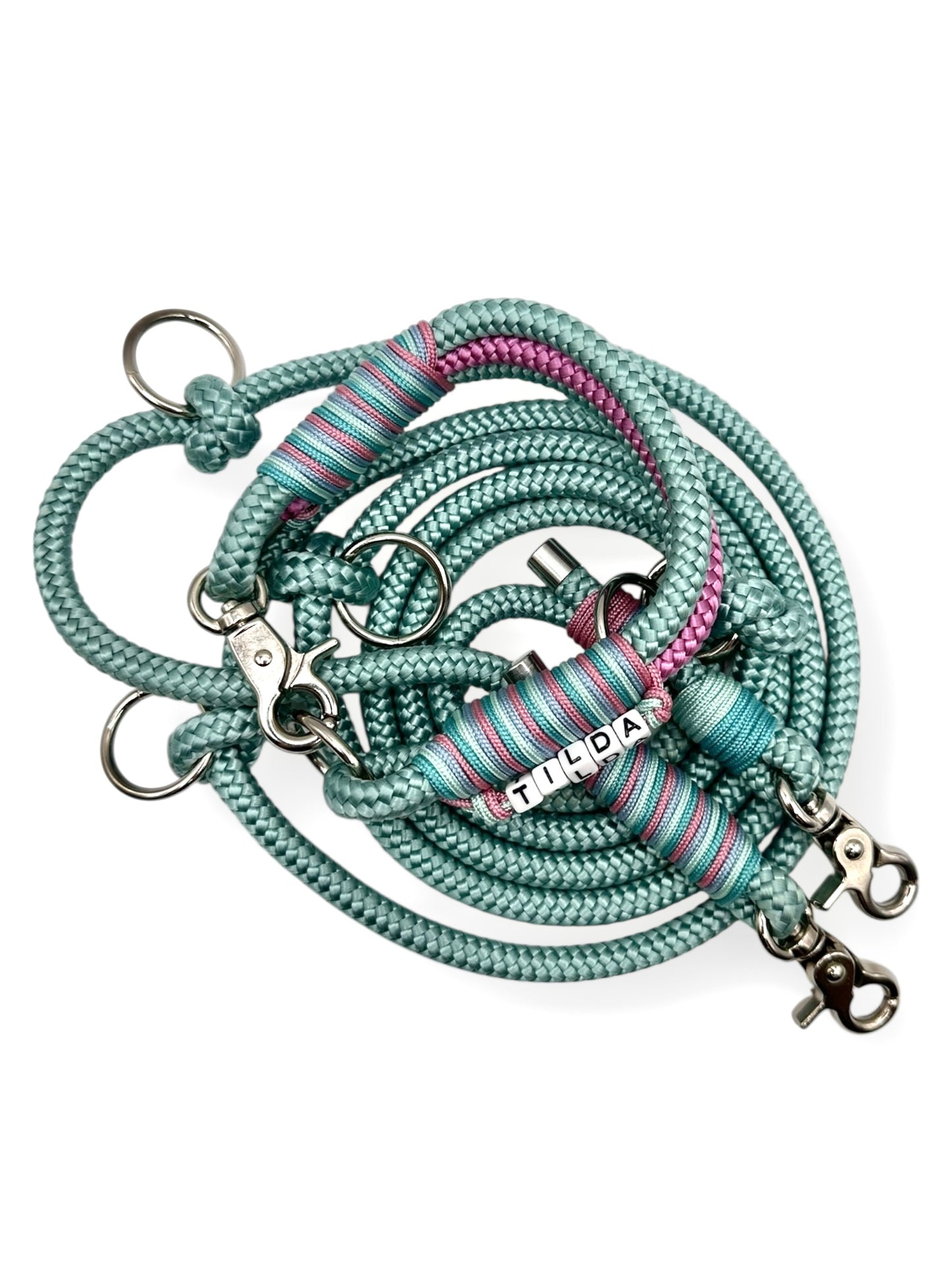 Hundeset aus Leine und Halsband in 8mm starken Tau in den Farben sea grün, Lavendel rosa, turquoise, ice blau und mint blau - Set draufsicht