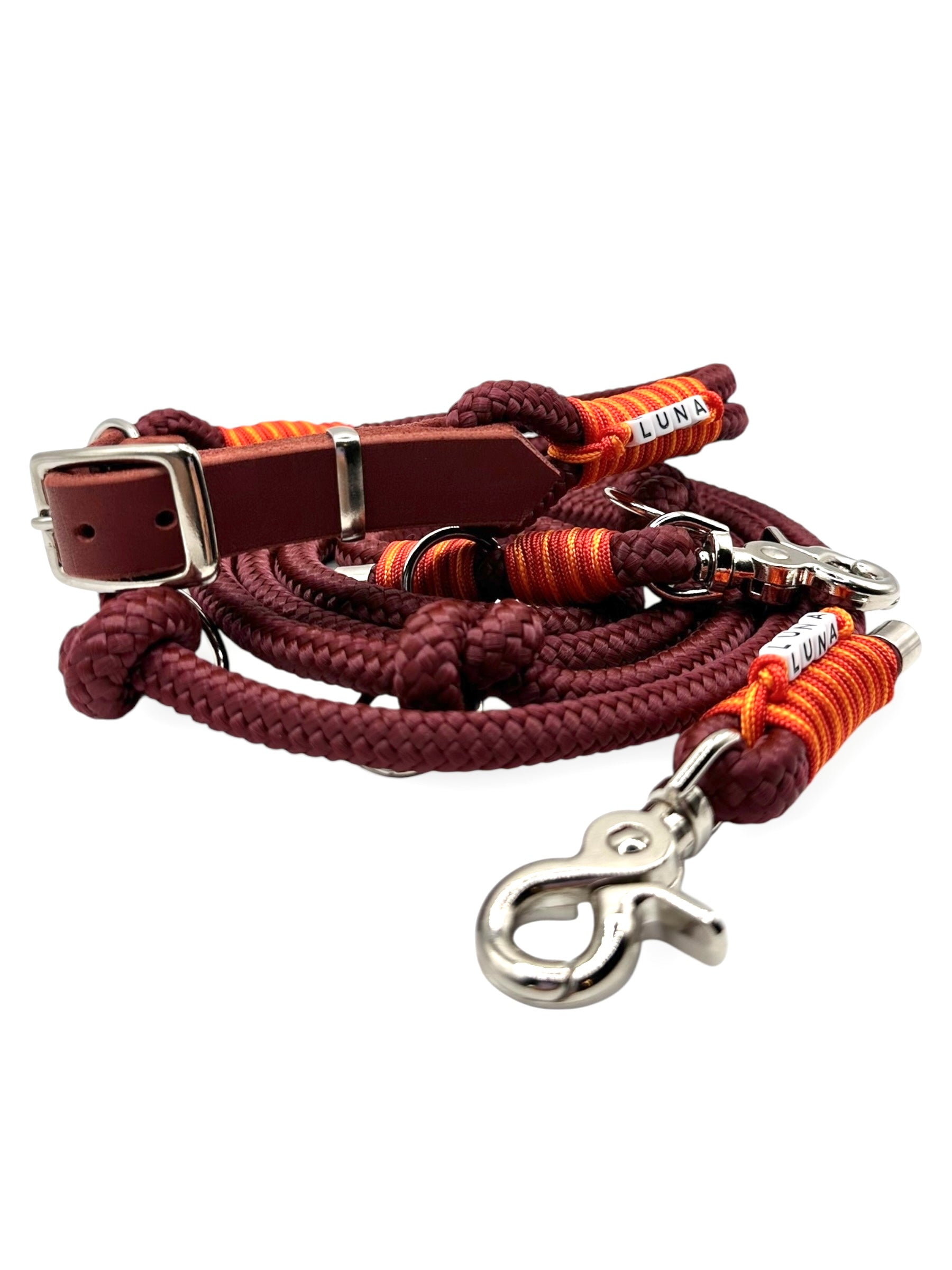 Hundeset aus Leine und Halsband in Roadster Aubergine mit simple red, multivitamin orange und rot Chili Details  - Leder in Rost
