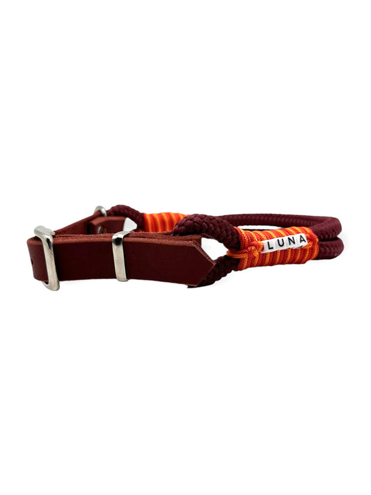 Hundeset aus Leine und Halsband in Roadster Aubergine mit simple red, multivitamin orange und rot Chili Details  - Leder in Rost - Halsband seite