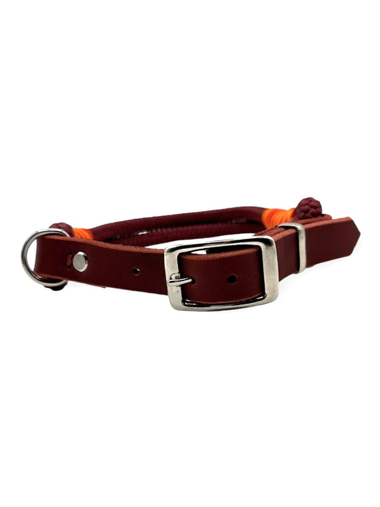 Hundeset aus Leine und Halsband in Roadster Aubergine mit simple red, multivitamin orange und rot Chili Details  - Leder in Rost - Halsband vorne 