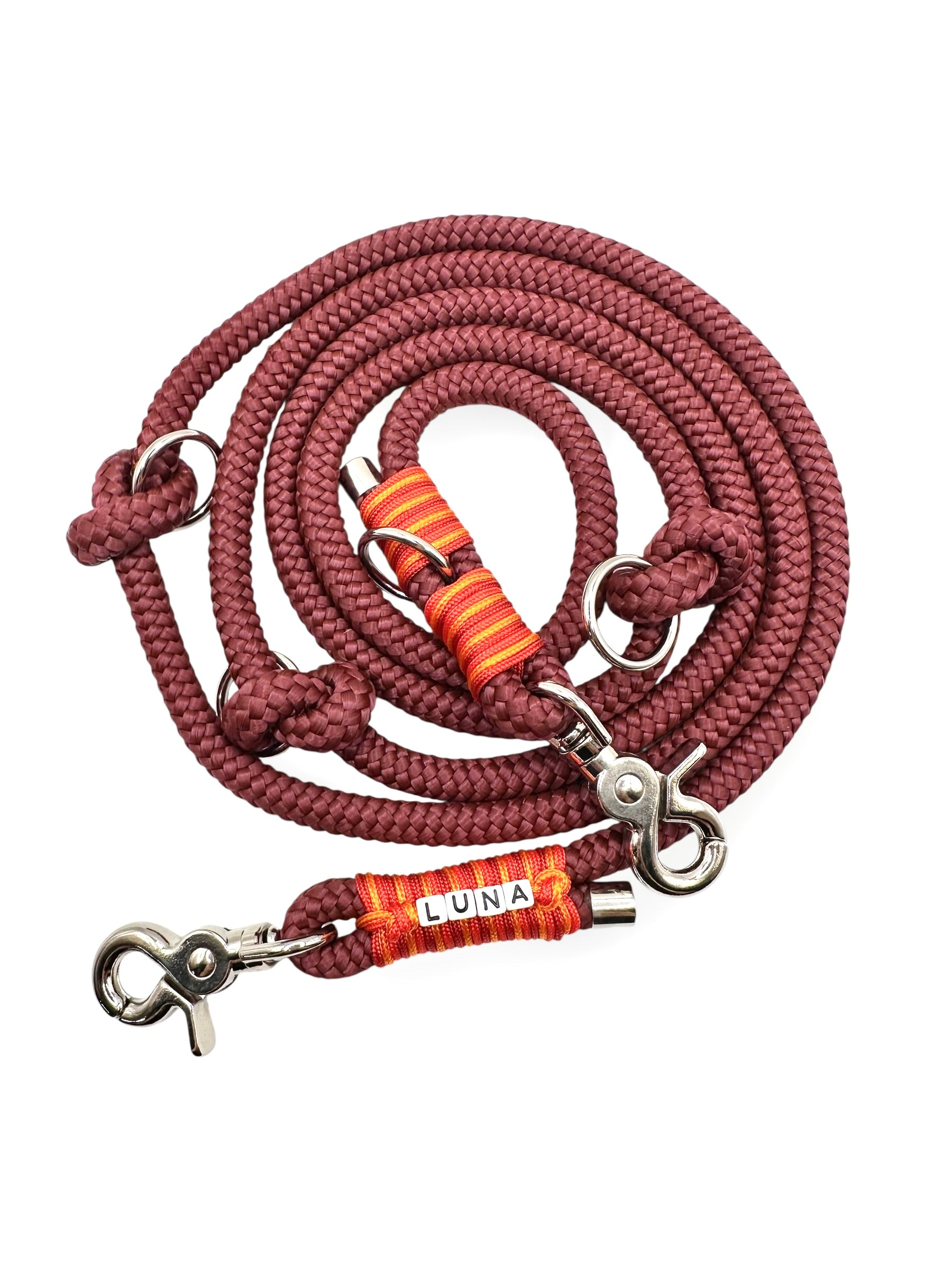 Hundeleine aus Leine und Halsband in Roadster Aubergine mit simple red, multivitamin orange und rot Chili Details  - Leder in Rost - Leine 