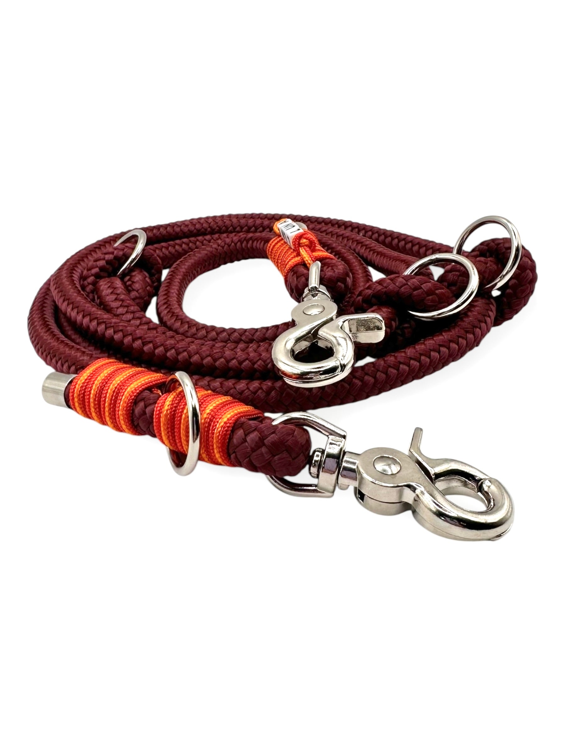 Hundeleine aus Leine und Halsband in Roadster Aubergine mit simple red, multivitamin orange und rot Chili Details  - Leder in Rost - vorne