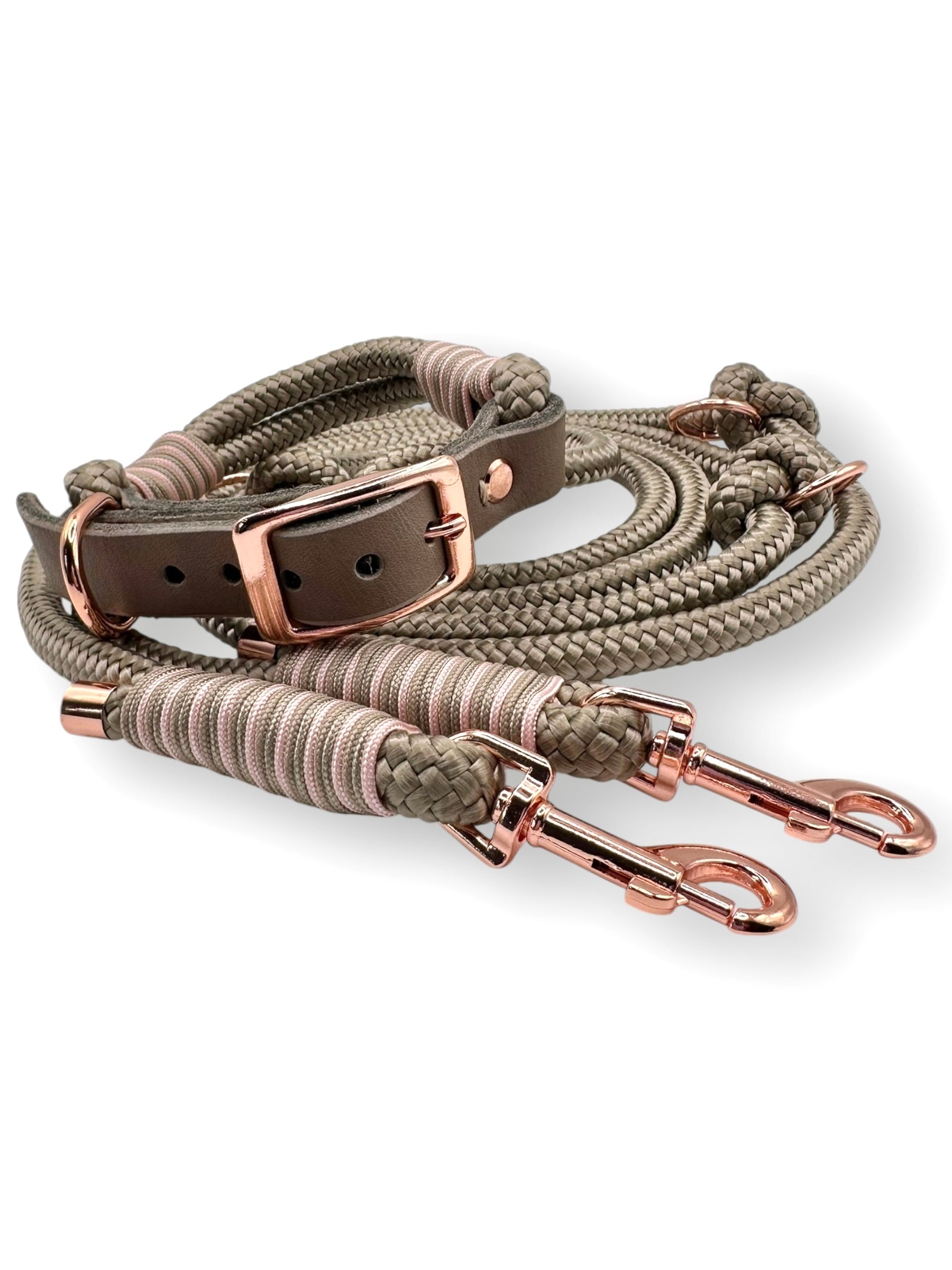 Hundeset aus 10mm starken Tau in der Farbe tan mit bluse rosa und mocca Details Vorne 