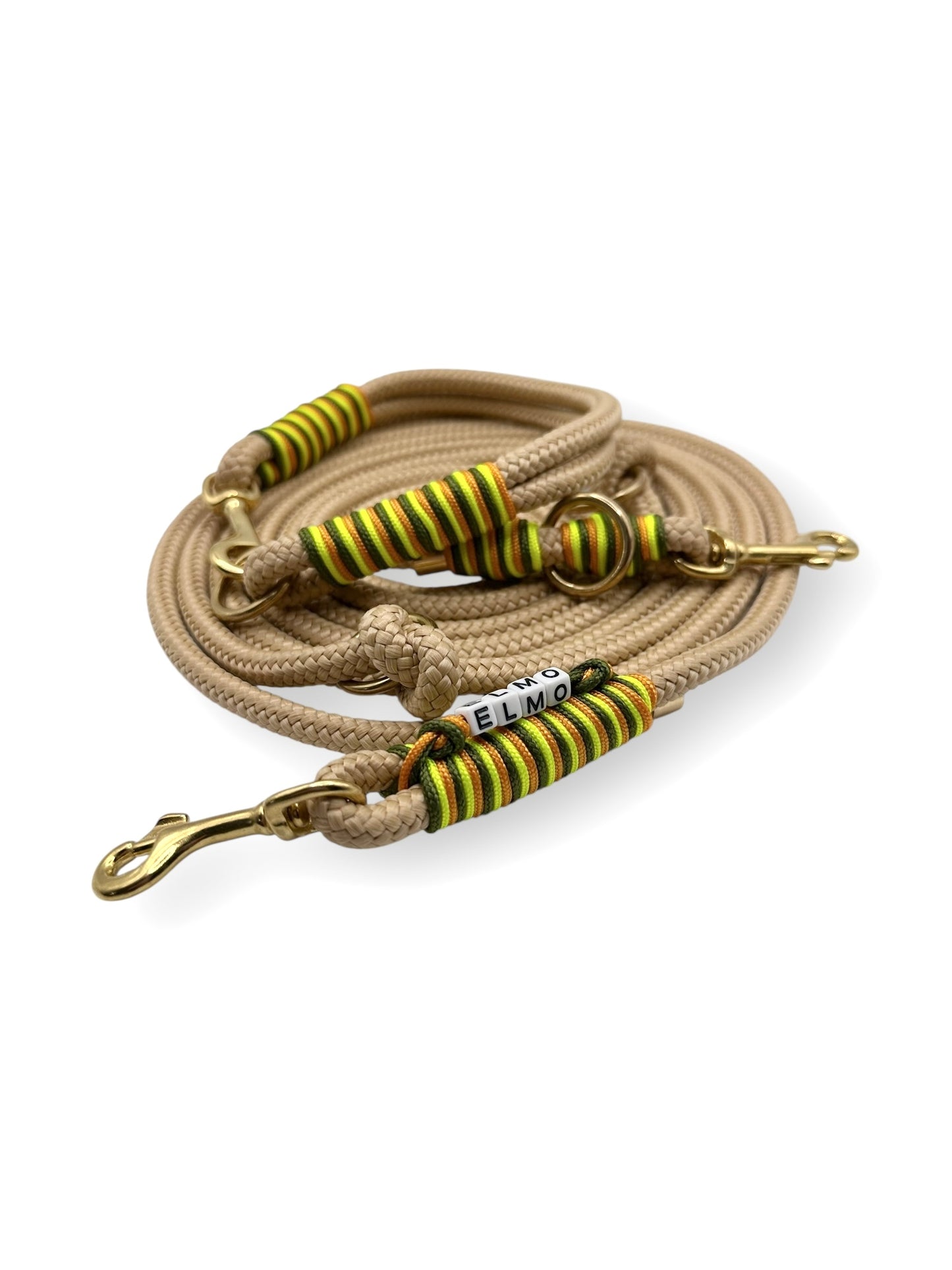 Hundeset aus Tau in 8mm Breite in Sand mit Pepper grün, Ultra Neon gelb und Fire orange Details Seite