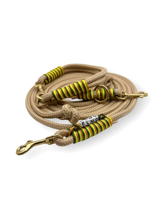 Hundeset aus Tau in 8mm Breite in Sand mit Pepper grün, Ultra Neon gelb und Fire orange Details Seite