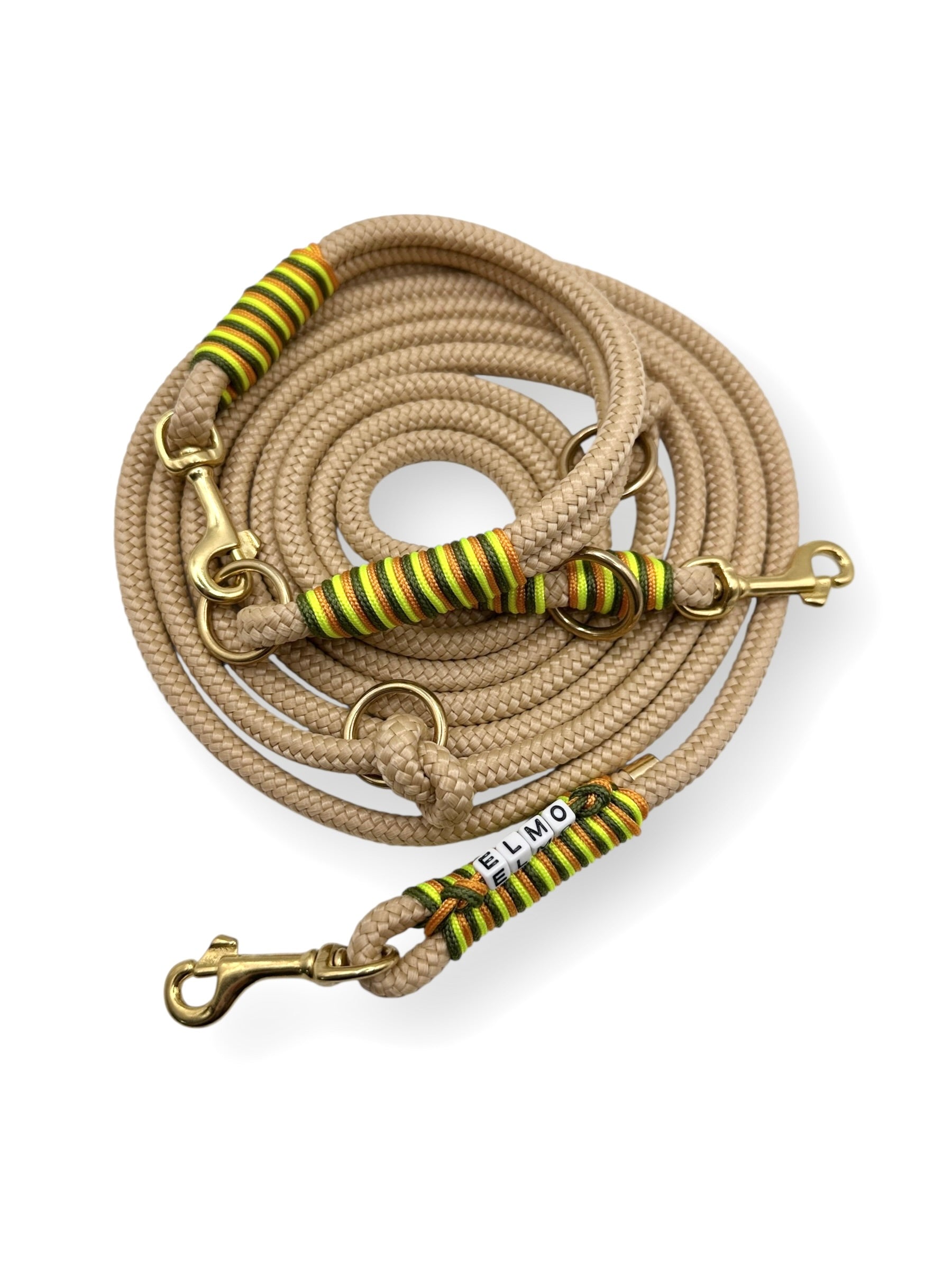 Hundeset aus Tau in 8mm Breite in Sand mit Pepper grün, Ultra Neon gelb und Fire orange Details Draufsicht