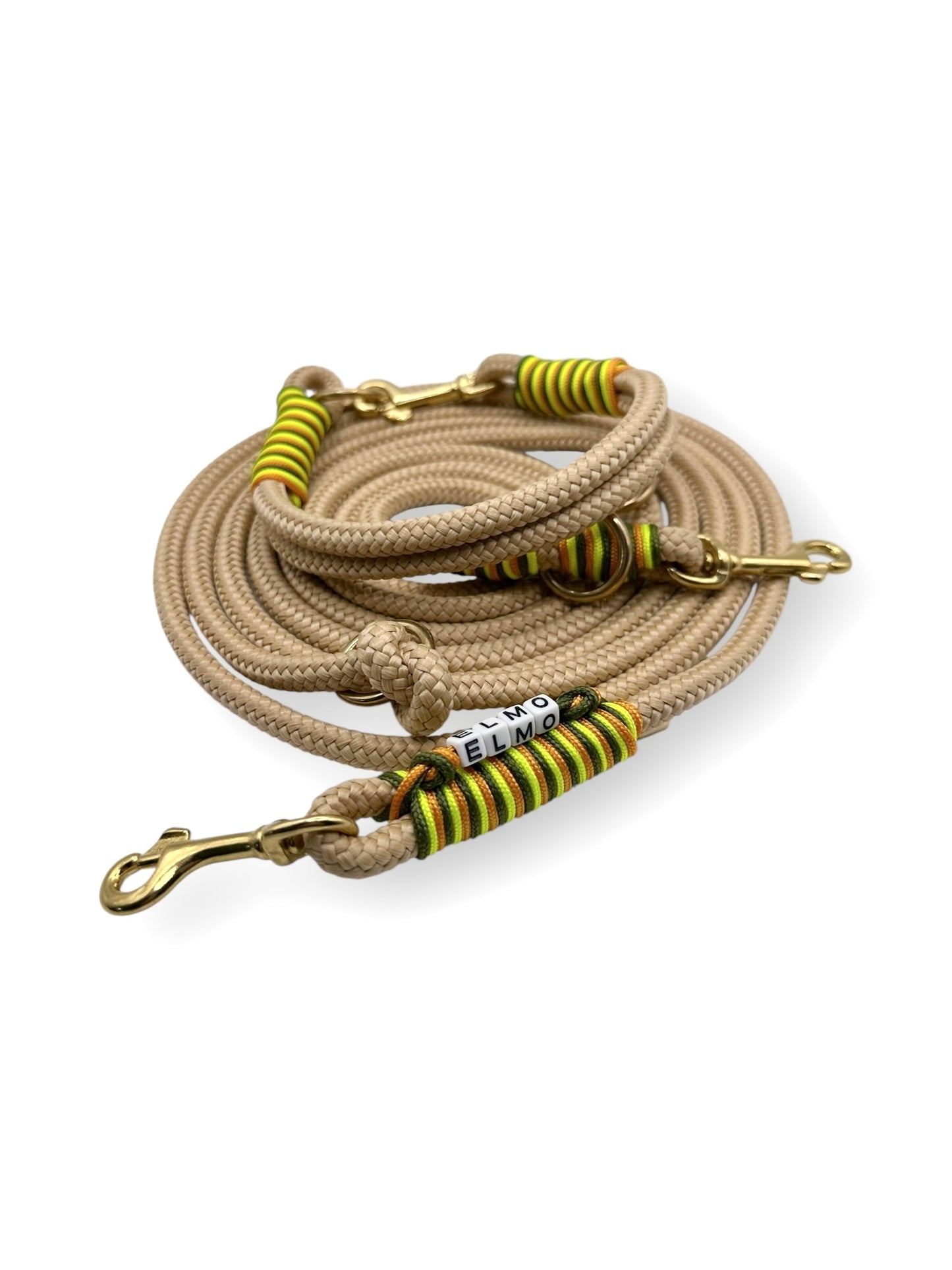 Hundeset aus Tau in 8mm Breite in Sand mit Pepper grün, Ultra Neon gelb und Fire orange Details 