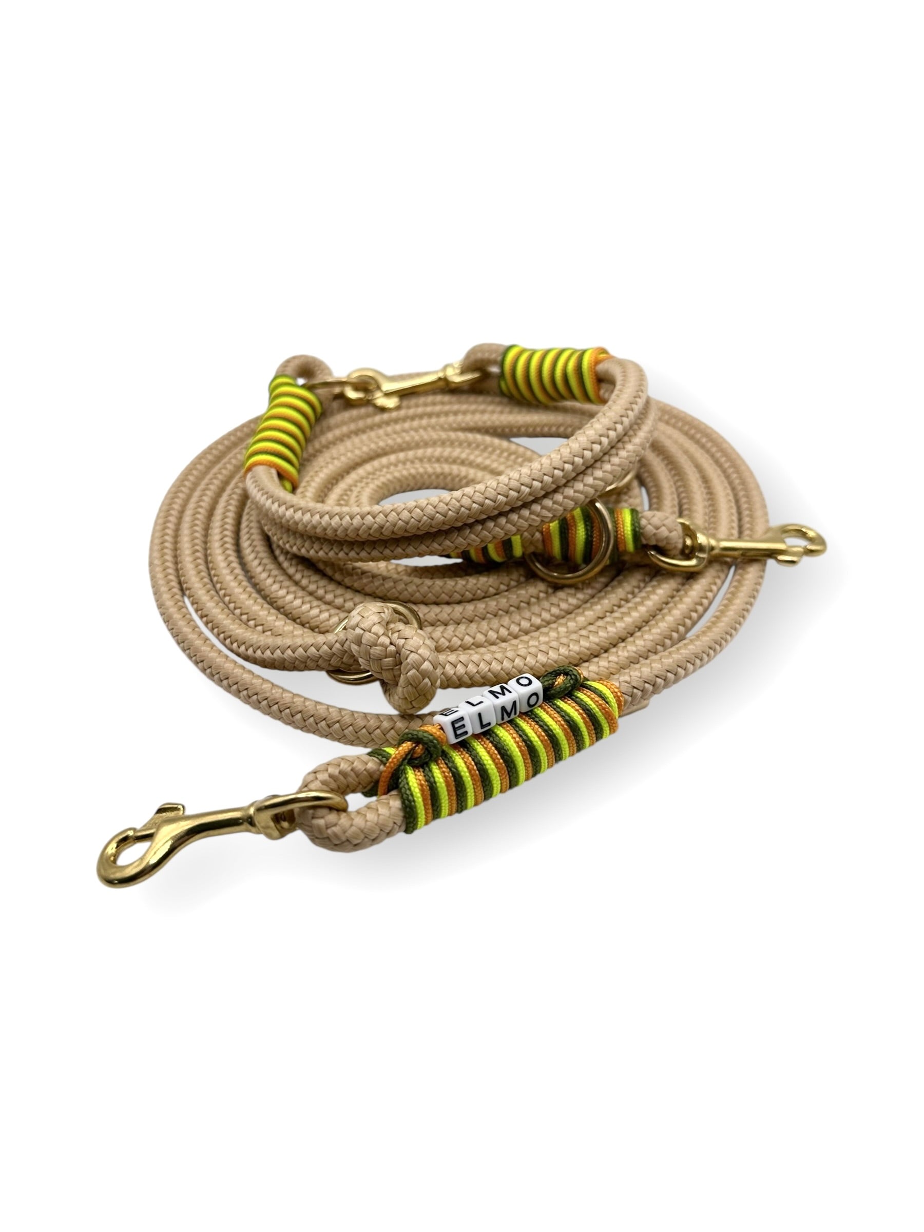 Hundeset aus Tau in 8mm Breite in Sand mit Pepper grün, Ultra Neon gelb und Fire orange Details 