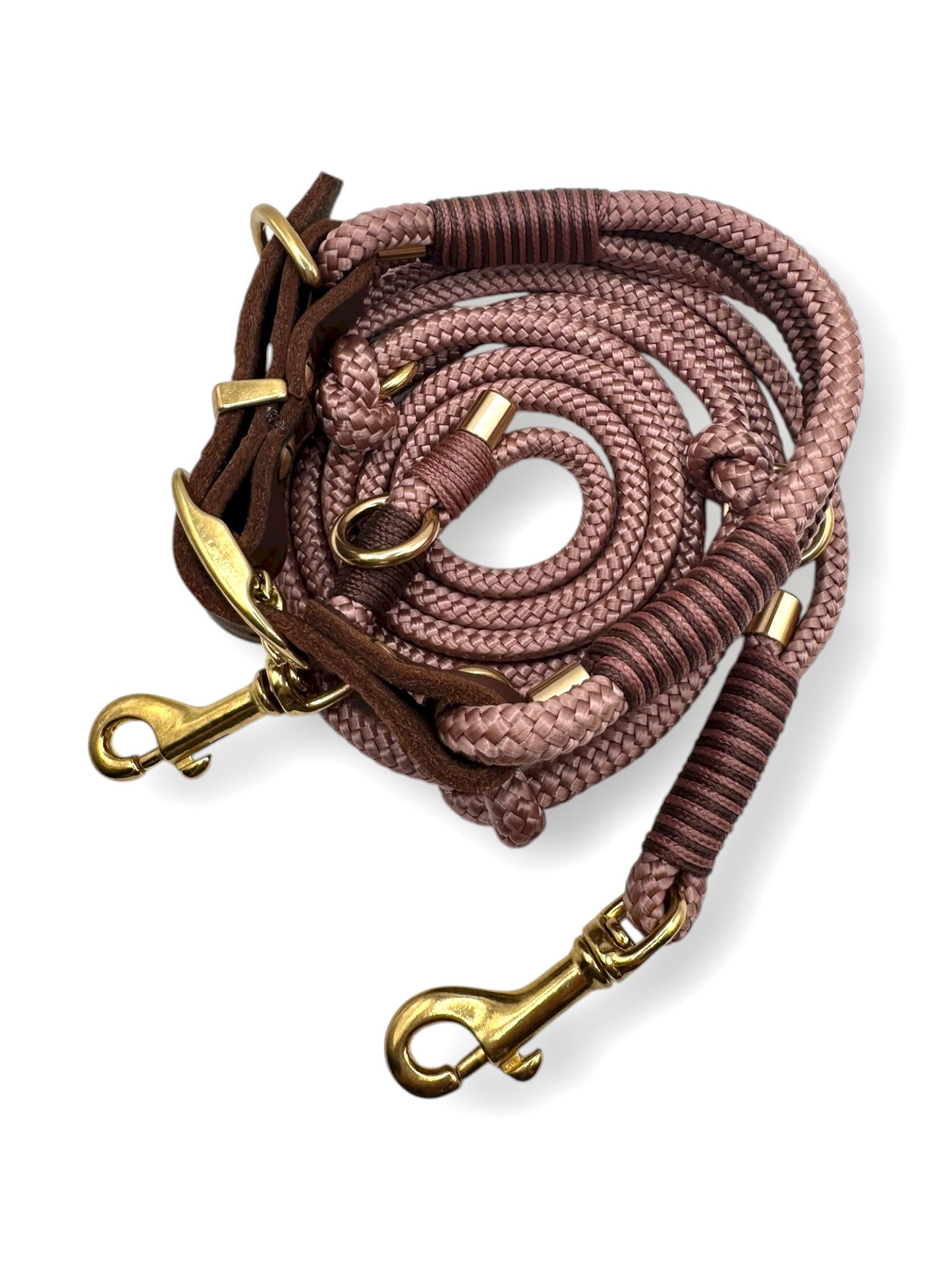 Hundeset aus Leine und Halsband gefertigt aus 8mm Tau und Leder. In den Farben Kupferrosa und braun mit goldenen Details. Farblich passend zum Herbst Draufsicht