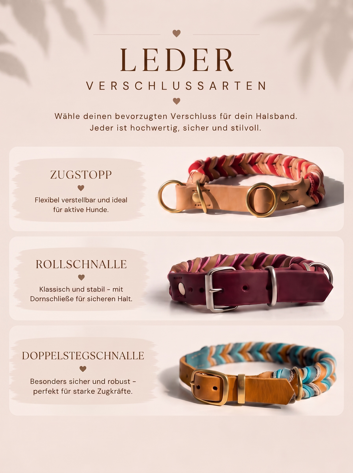 Übersicht der Leder verschlussarten: Zugstopp, Rollschnalle oder Doppelstegschnalle 