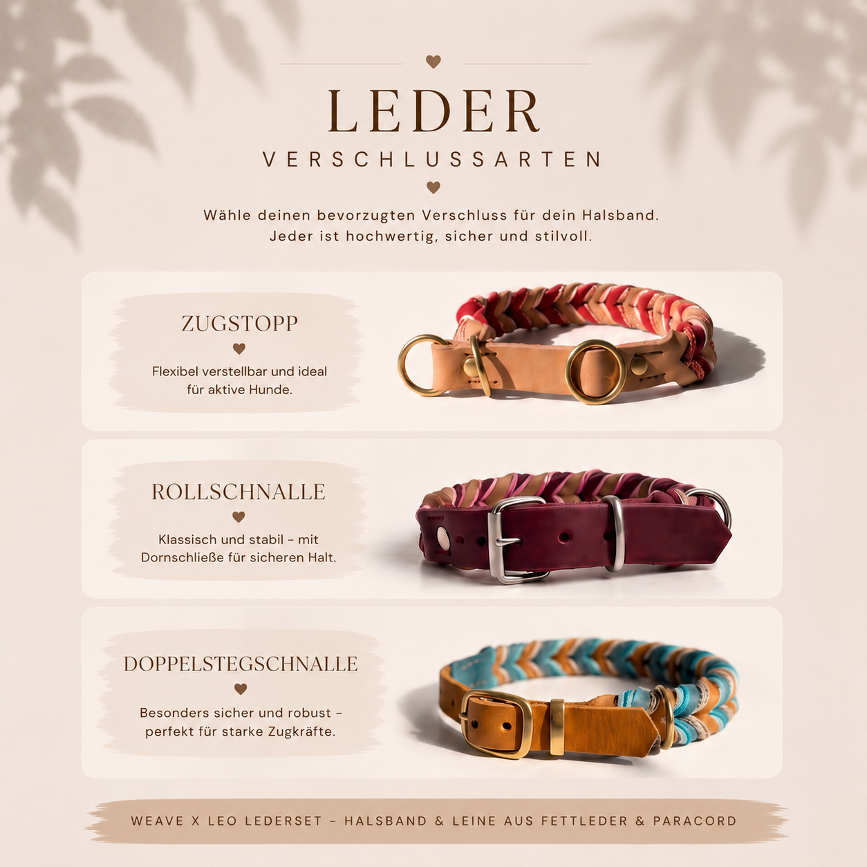 Verschlussarten Leder: Zugstopp, Rollschnalle und Doppelstegschnalle. Übersicht mit vor und Nachteilen