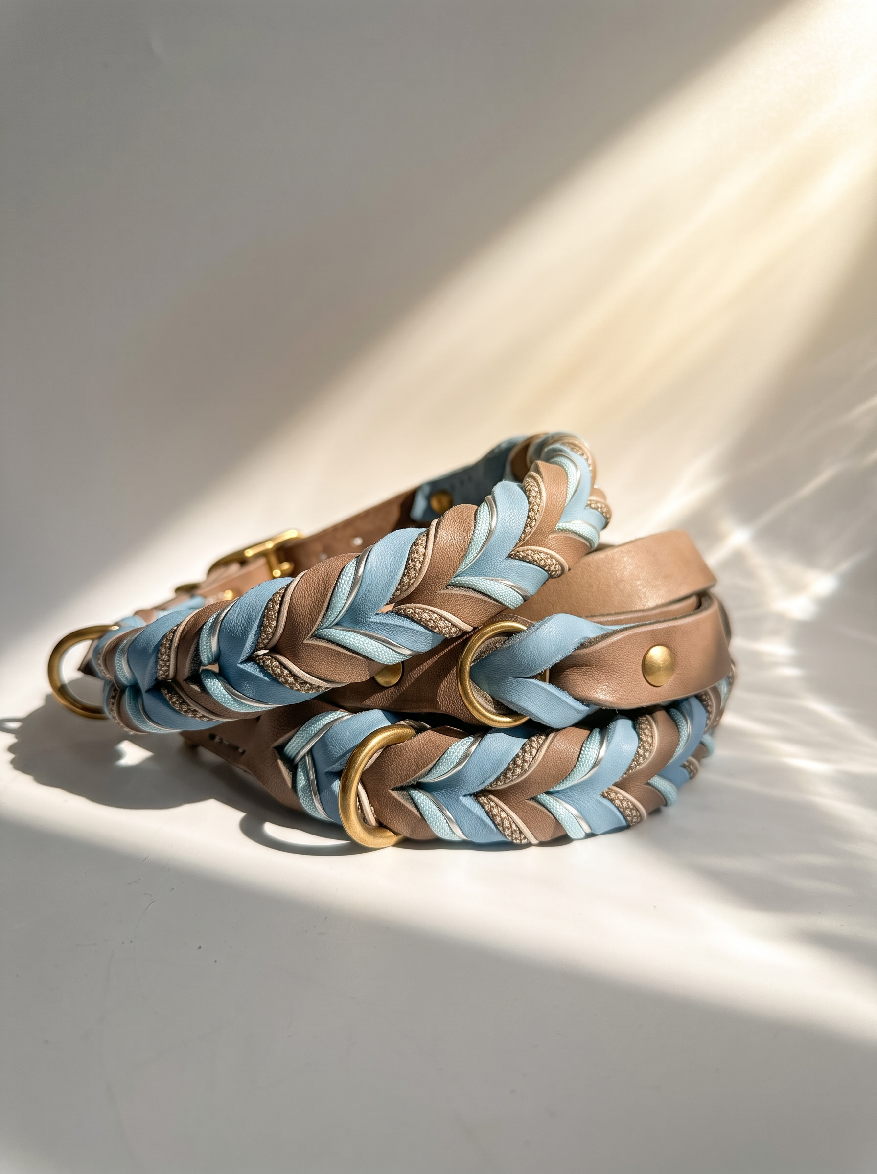 Lederleine und Lederhalsband geflochten aus Fettleder in braun und blau mit silbernen Details. Handgefertigt und individuell anpassbar. Set von hinten 