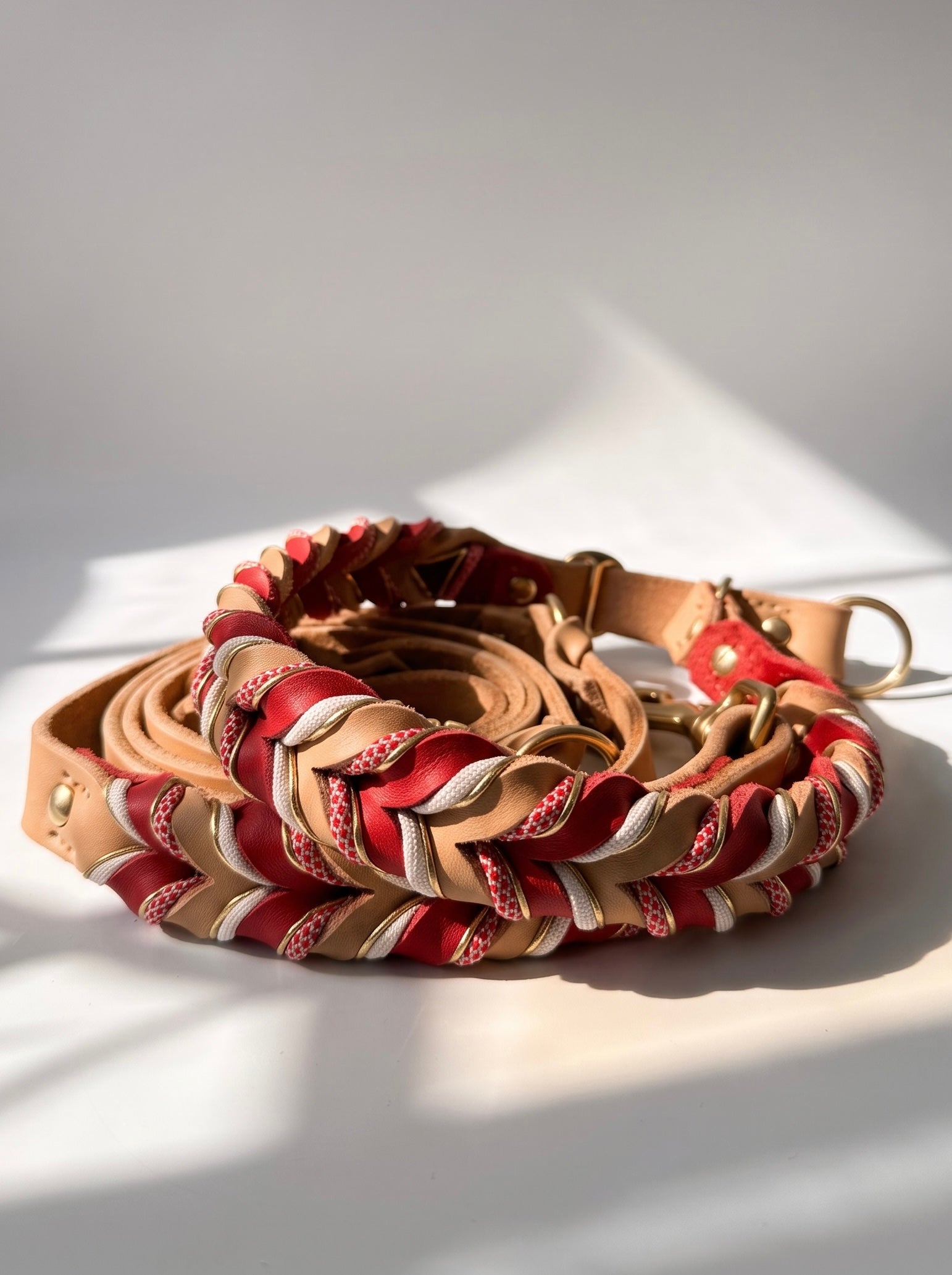 Hundehalsband und Hundeleine aus Leder geflochten in braun und rot mit goldenen Details. Zugstopp Verschluss. Individuell anpassbar für jeden Hund. Ansicht Set Flechtung 