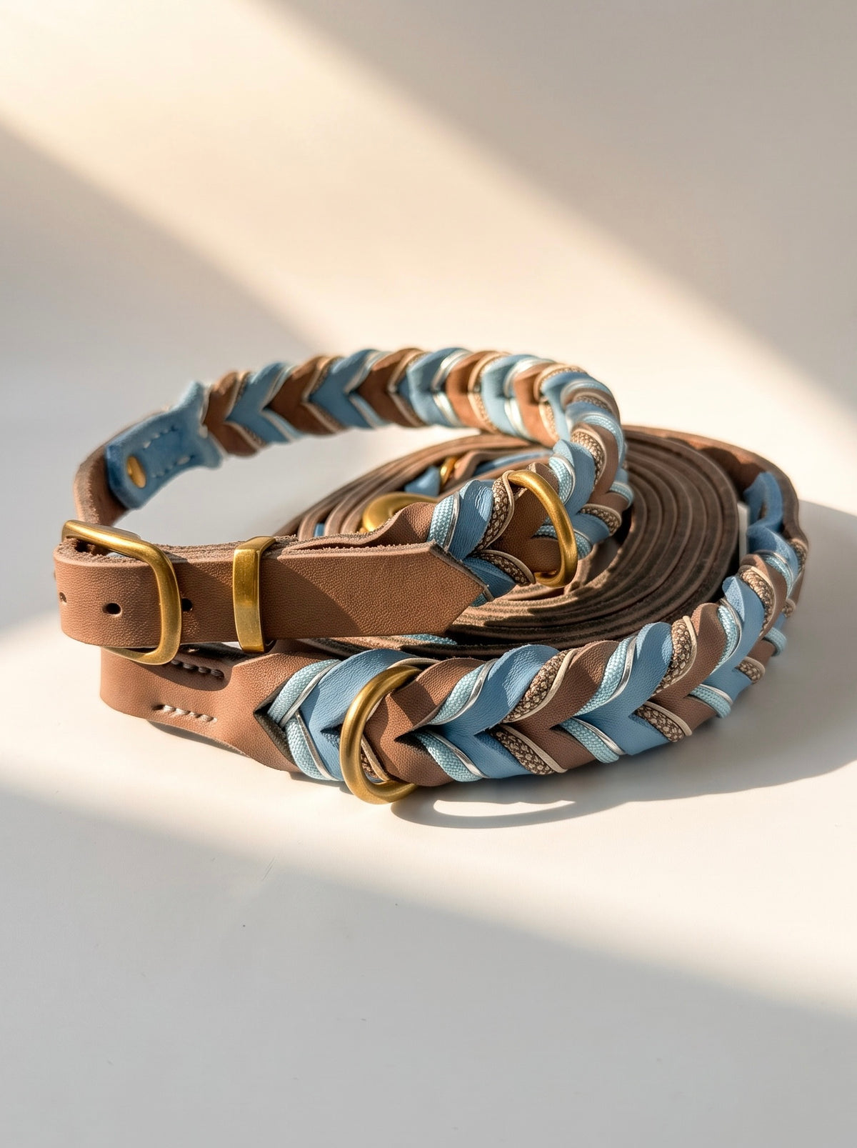 Lederleine und Lederhalsband geflochten aus Fettleder in braun und blau mit silbernen Details. Handgefertigt und individuell anpassbar. Ansicht des Sets von vorne 