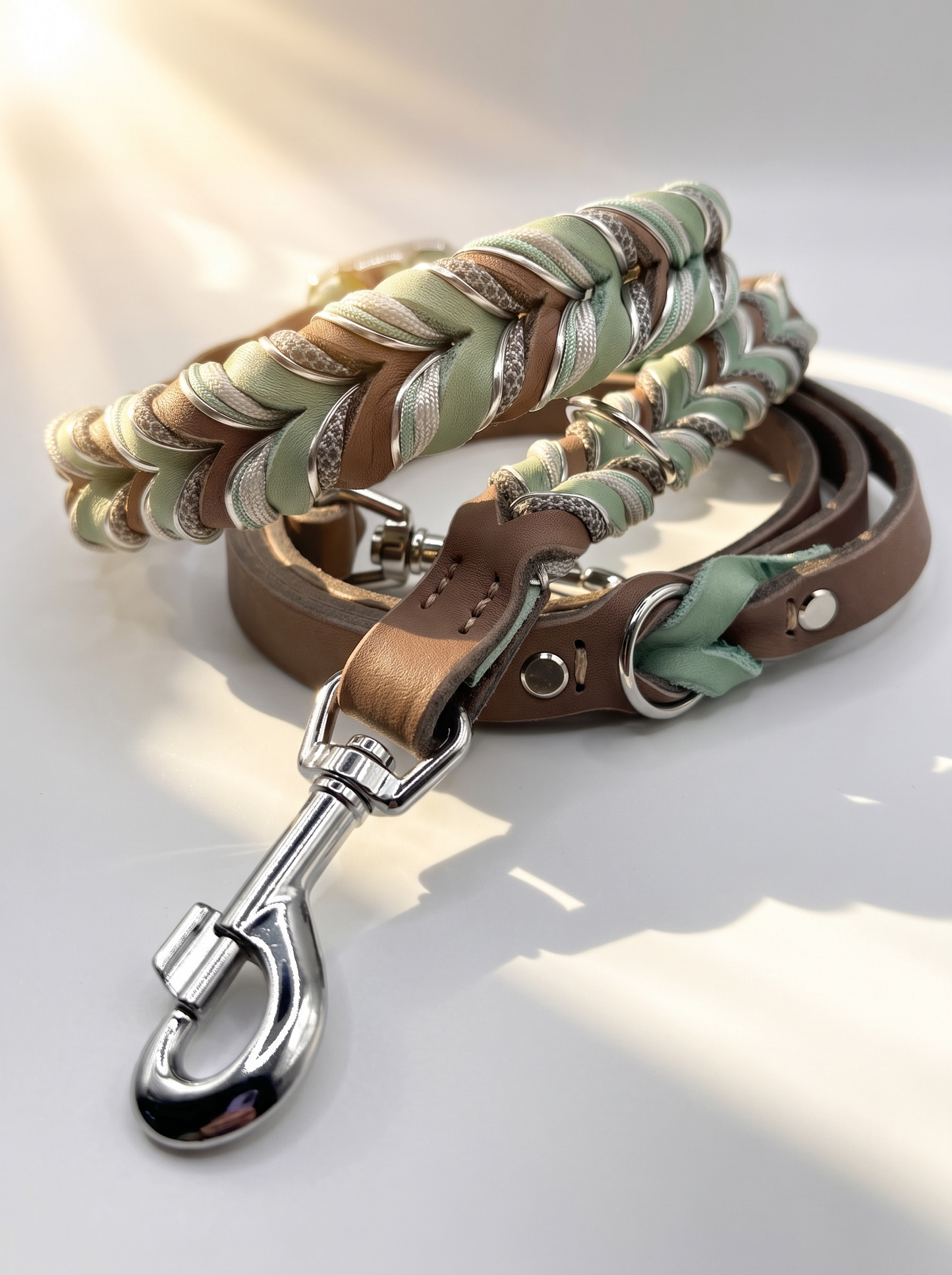 Hunde set aus Fettleder bestehend aus Halsband und Leine in den Farben Schlamm und mint. Geeignet für kleine, mittlere und große Hunde, da es a das Gewicht und Größe angepasst wird. Details in grau, Silber und grün.