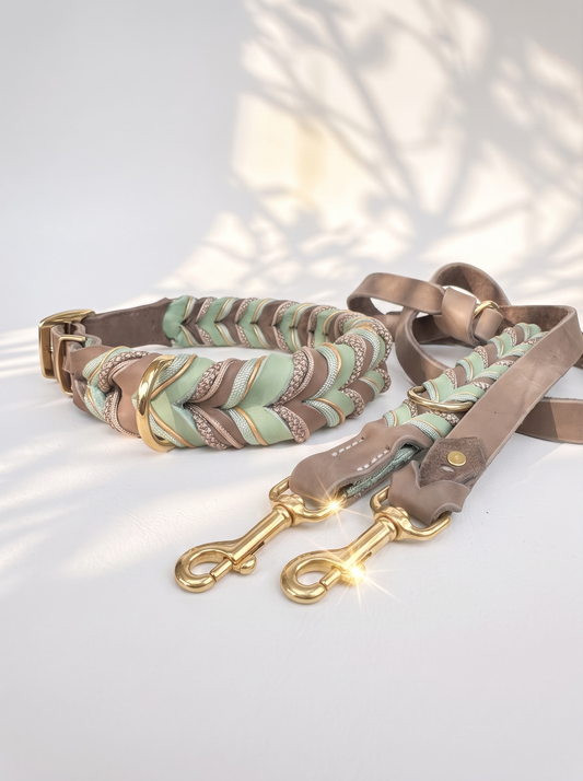 Lederleine und Lederhalsband geflochten in den Farben mint grün und Schlamm braun. Mit goldenen und beigen Details. Handgefertigt und individuell anpassbar. Ansicht der Leine 