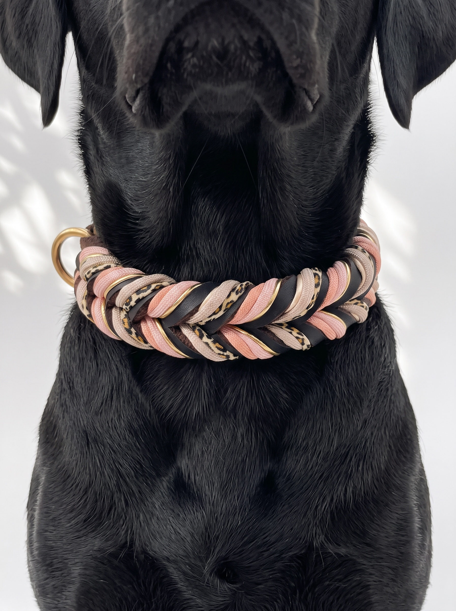 Lederhalsband geflochten mit Leo-Details und kupfer farbenen Details. Handgefertigt und individuell anpassbar an jede Hundegröße. Halsband getragen an einem schwarzen Hund 