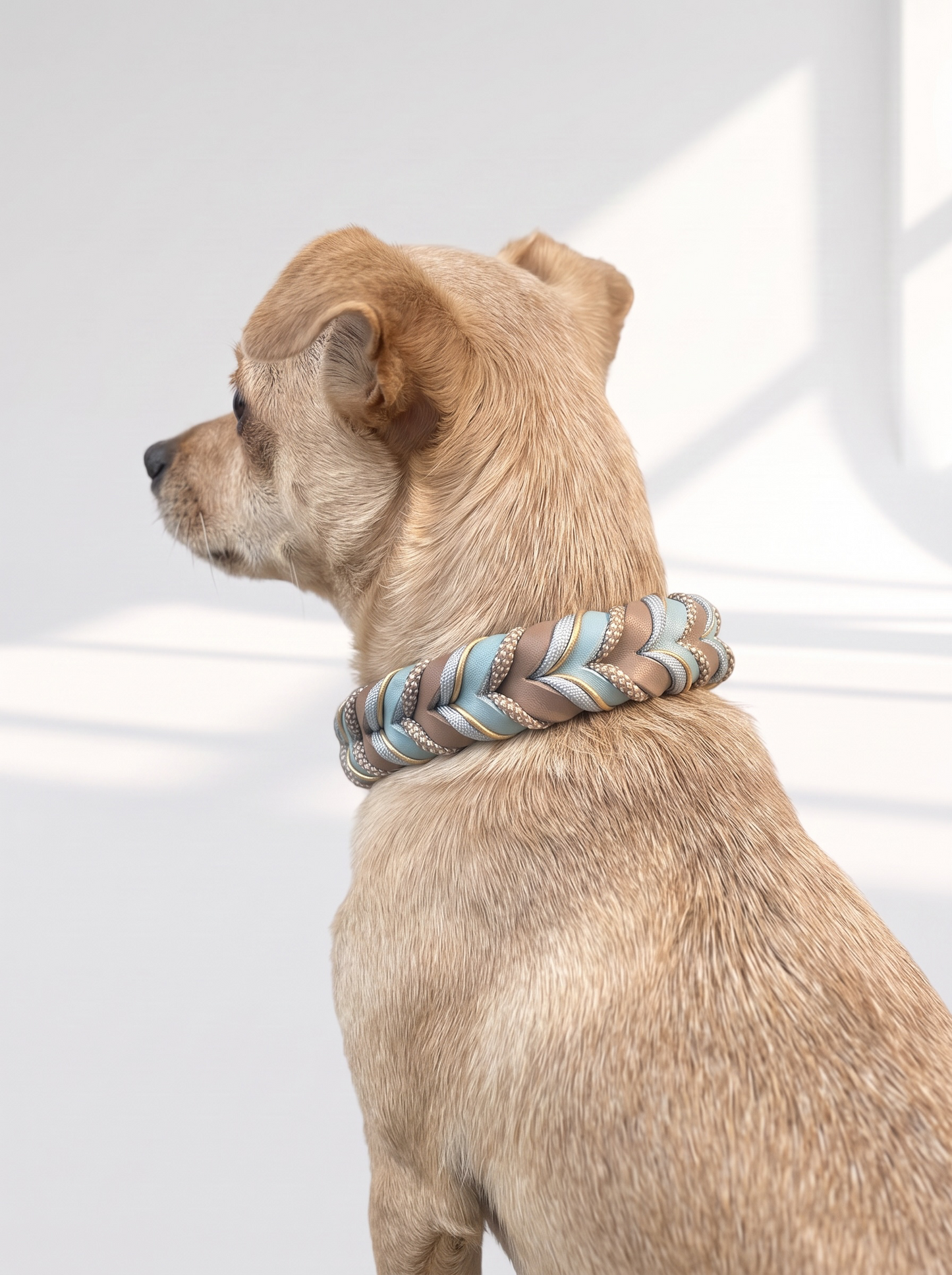 Lederhalsband geflochten in blau und braun mit beigen Details. Handgefertigt und individuell anpassbar. Ansicht kleiner Hund getragenes Halsband 