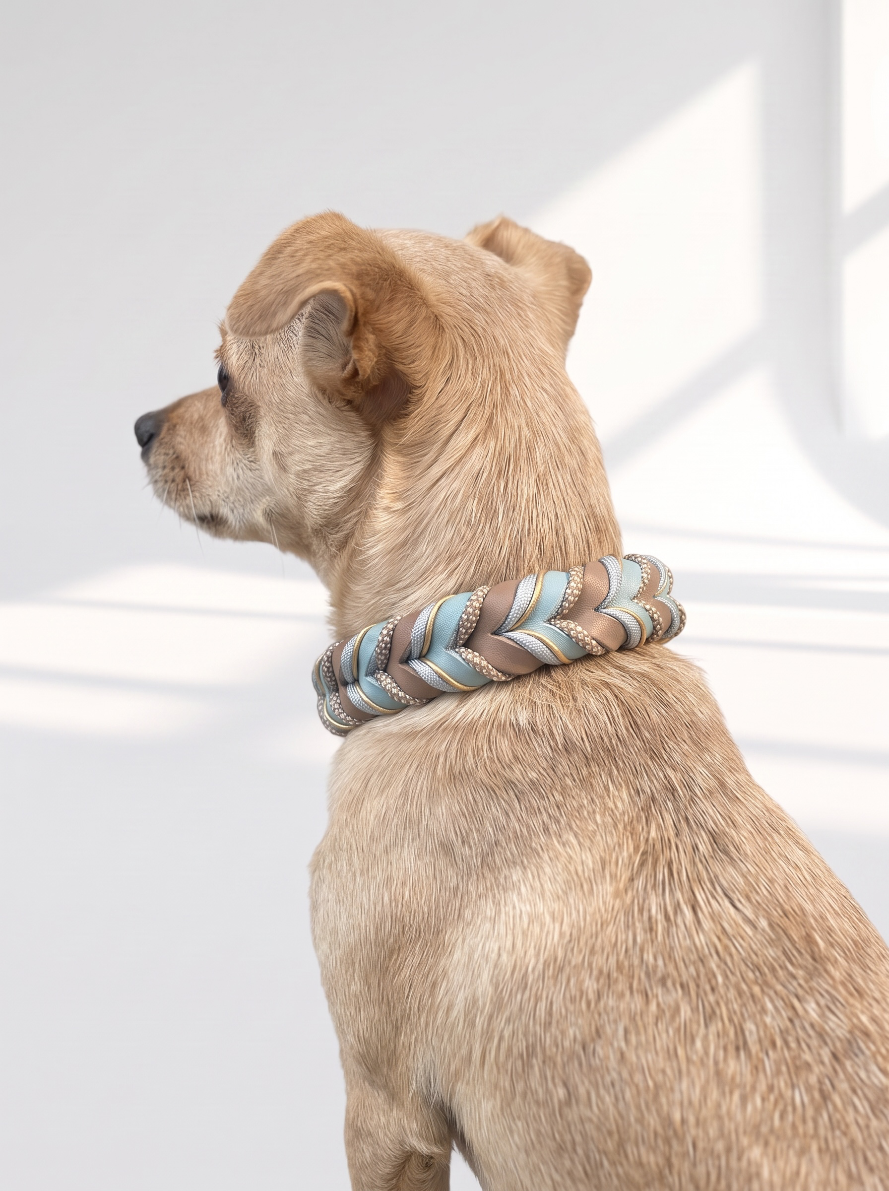 Lederhalsband geflochten in blau und braun mit beigen Details. Handgefertigt und individuell anpassbar. Ansicht kleiner Hund getragenes Halsband 