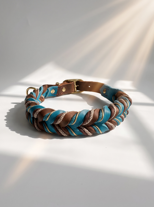 Hundehalsband  aus Leder in der Farbe Braun und Türkis. Geflochten aus Fettleder und Paracord in den Farben braun, crea,, blau und Gold. Rückansicht Halsband 