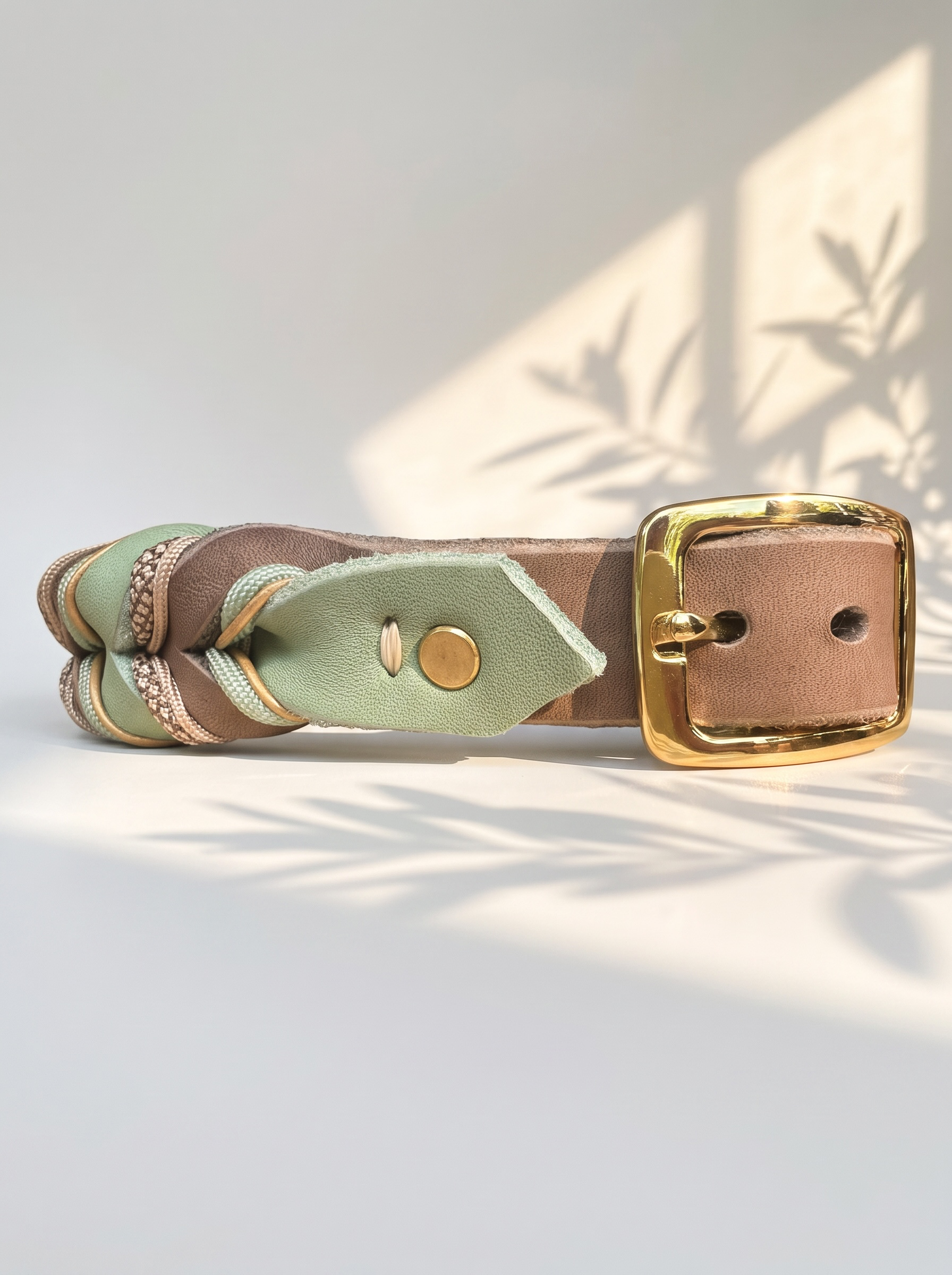 Lederhalsband geflochten in grün und braun. Mit goldenen Details. Personalisierbar und individuell anpassbar.  Ansicht verstellbar doppelstegschnalle