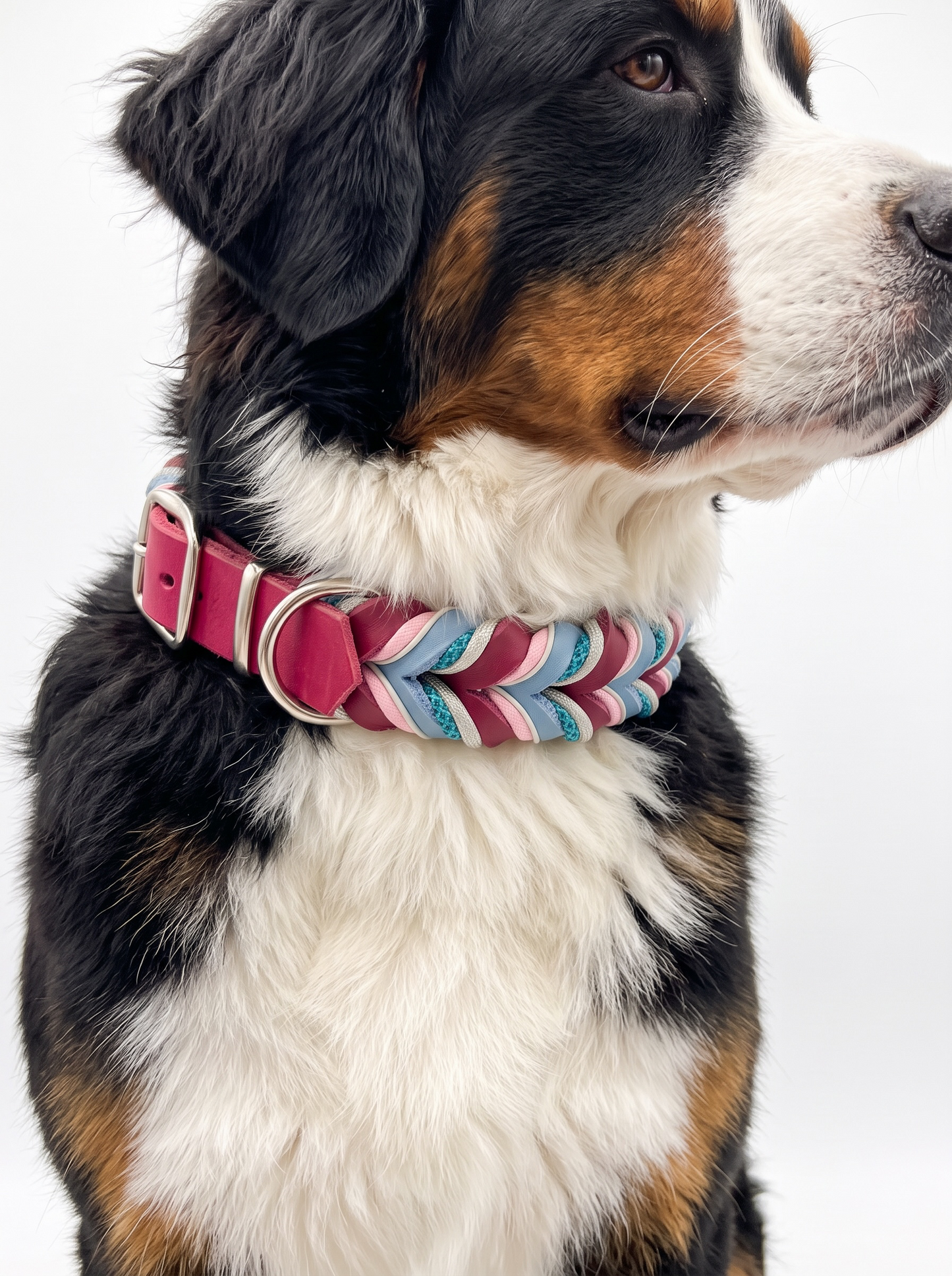 Hundehalsband geflochten aus Leder in den Farben Beere und eisblau. Mit türkisnen und silbernen Details. Personalisierbar und anpassbar. Ansicht Tragebild Hund 