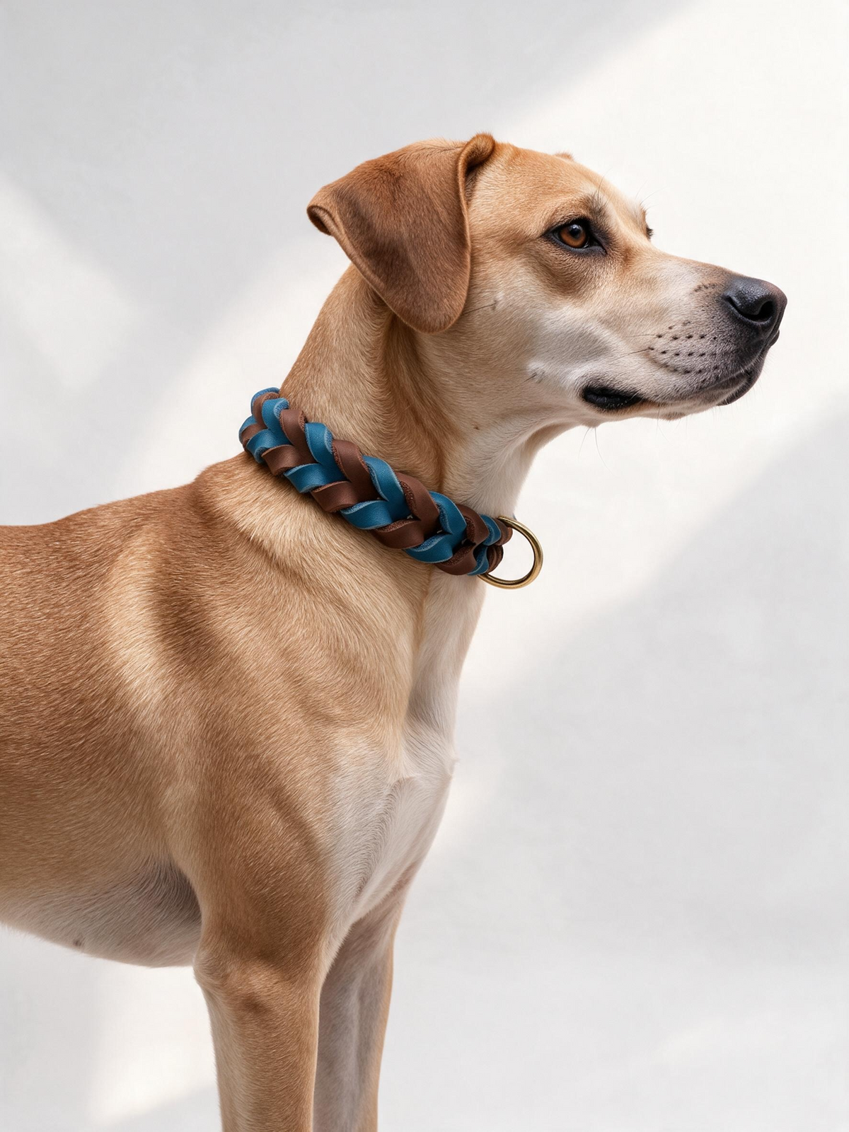 Geflochtnes Lederhalsband getragen von einem brauen Hund. Fettleder in braun und türkis 