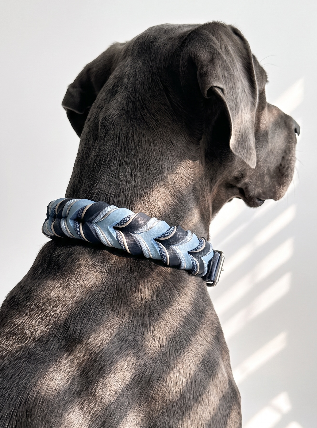 Lederhalsband geflochten in dunkelblau und hellblau. Mit silbernen Details versehen. Anpassbar und personalisierbar für jeden Hund. Verstellbares Lederhalsband. Ansicht Hund getragen 
