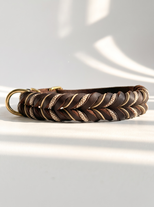 Hundeset bestehend aus Lederhalsband und Tauleine in braun mit beigen und goldenen Details. Anpassbar in Länge und Breite. Ansicht lederflechtung des Halsbandes 